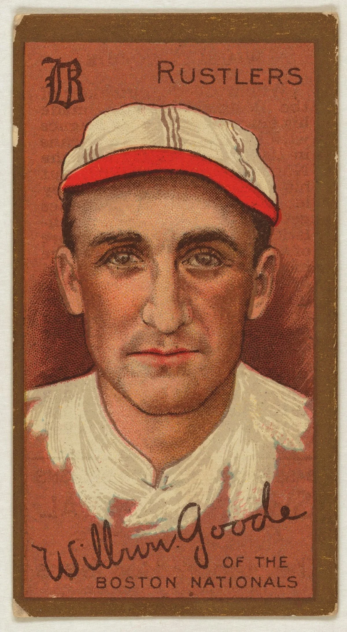 Vintage baseball card featuring Wilbur Good of the Boston Nationals, showing a portrait of a young man in a white and red cap and uniform, with the text 'Rustlers' and an ornate 'B' logo.