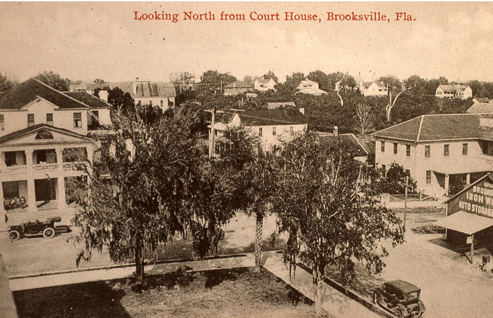 A bird's eye view of Jefferson Street in 1915. The Varnada Hotel is on the left, Southern Hotel on the right.  Between the hotels is N. Brooksville Avenue. The David Sasser law firm building is where the Southern Hotel was. - Robert Martinez Old Broo