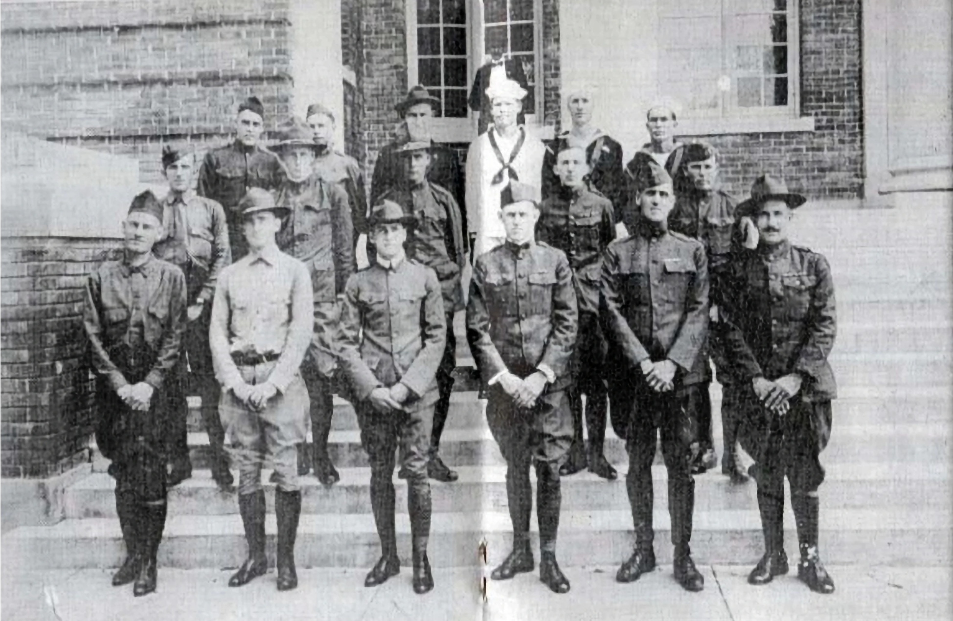 On the first anniversary of the end of World War I, Brooksville veterans pose in front of the courthouse. 


Front row: Clarence Russell, Charles Gallaway, C. James Law, J.C. Rogers, Captain Jay Hennig, George Maillis


2nd row: Allan Hawkins, Rainey