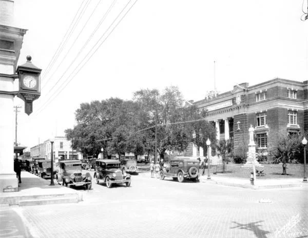 A good view of the clock that once hung from the corner of the building