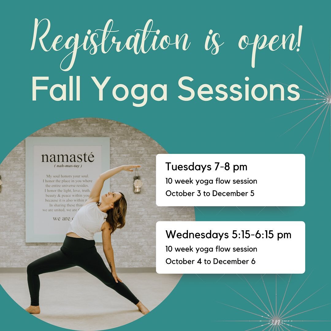 Registration is open! 
.
We will be holding 2 separate 10 week fall Yoga Flow sessions. 
.
🧘🏻&zwj;♀️Tuesdays: 
Oct 3 to Dec 5
7-8 pm
.
🧘🏻&zwj;♀️Wednesdays:
Oct 4 to Dec 6
5:15-6:15 pm
.
10 week sessions are $130
Drop ins are $15 per class, only i