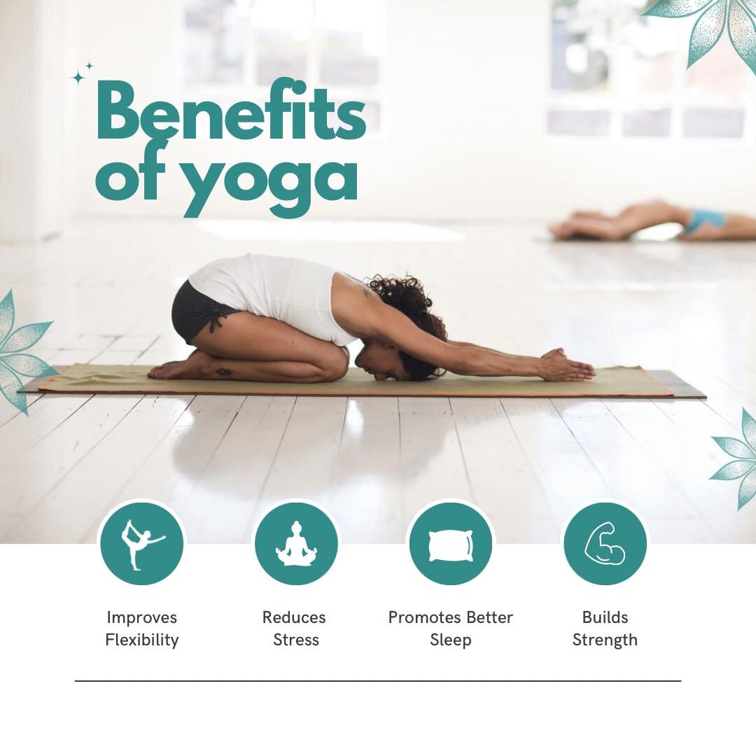Here&rsquo;s just a few of the incredible benefits of practicing yoga 🧘 

✨Improves Flexibility - Yoga increases your range of motion by stretching and moving your body in new ways
 
✨Reduces Stress - Yoga helps reduce stress and anxiety by encourag
