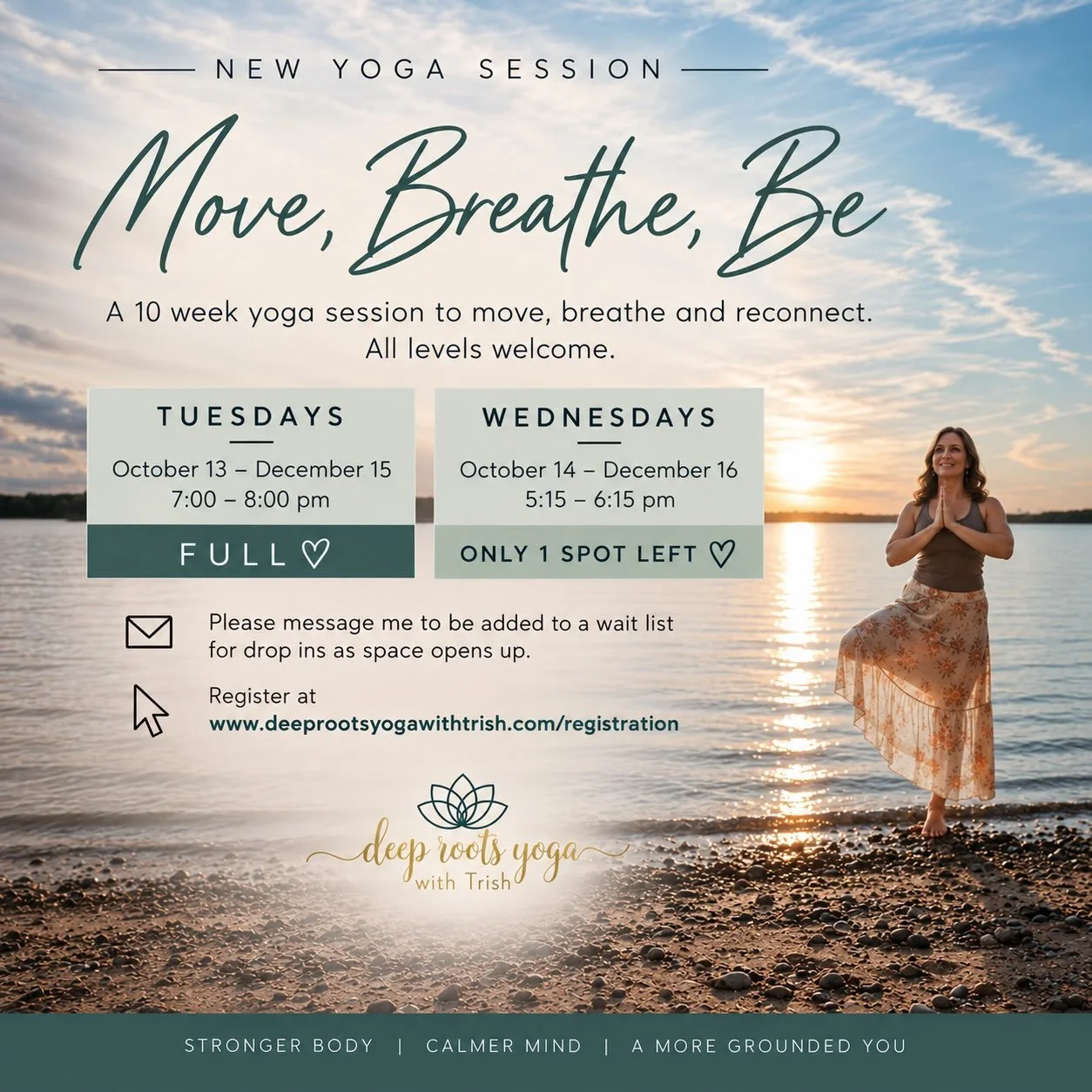 Just ONE spot left! 🤍

Tuesday is FULL and there is just one spot remaining in the Wednesday class!

If you miss out on a spot, send me a message and I&rsquo;ll add you to my drop-in list. As spaces open up throughout the session, I&rsquo;ll reach o