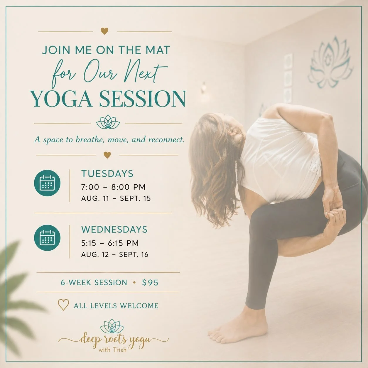 Registration is now open! 🤍

Join me on the mat for our next 6-week yoga session beginning in August.

Together, we&rsquo;ll create a space to breathe, move, build strength, improve mobility, and reconnect with ourselves.

✨ Tuesdays | 7:00&ndash;8:
