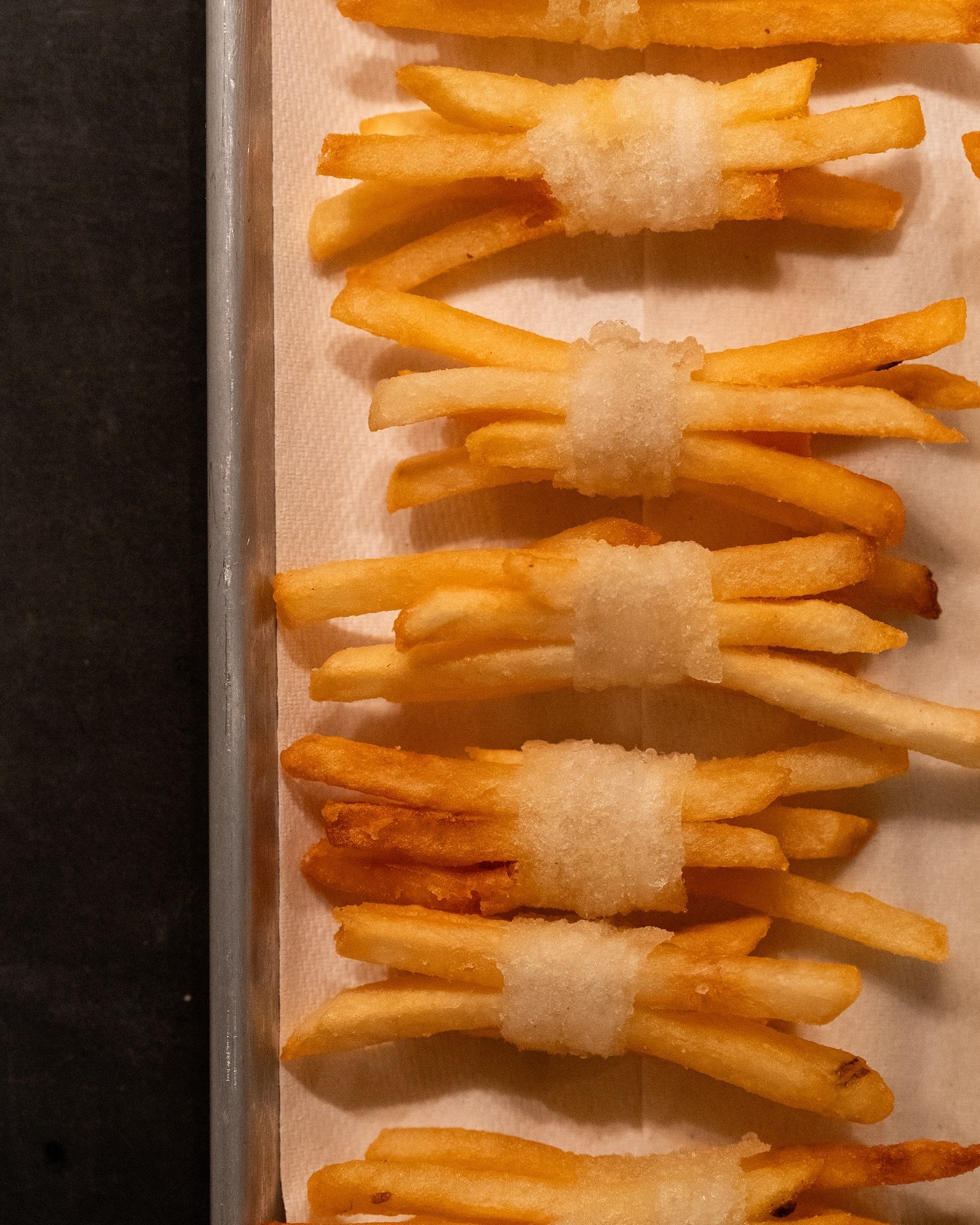 Bundled fries, ready for service.