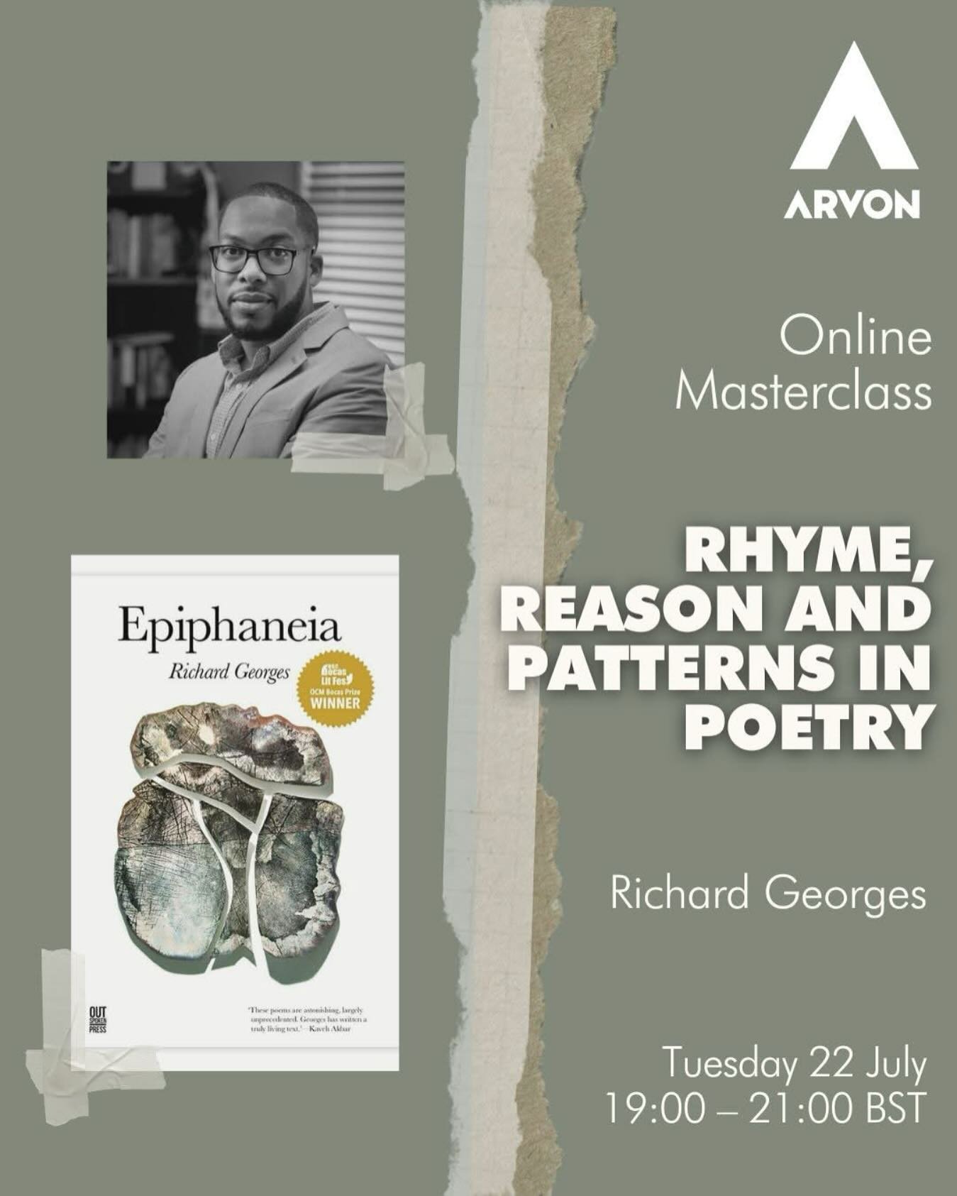 I&rsquo;m teaching this online masterclass for @arvon__ on Tuesday 22 July  7-9pm UK (2-4pm BVI). The class focuses on the use of rhyme, patterns, and metre using poetry and music. The masterclass is priced at &pound;40 (about $54). Spaces have been 
