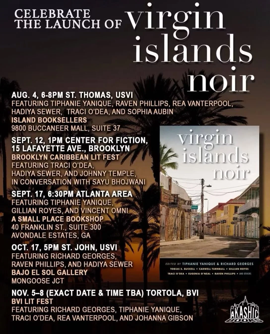 Let me dust the cobweb them off my page to announce that Virgin Islands Noir, edited by @tiphanieyanique and me, published by @akashicbooks and @johnnytemple127 was published last week and launched at Island Booksellers in St Thomas.

The volume feat