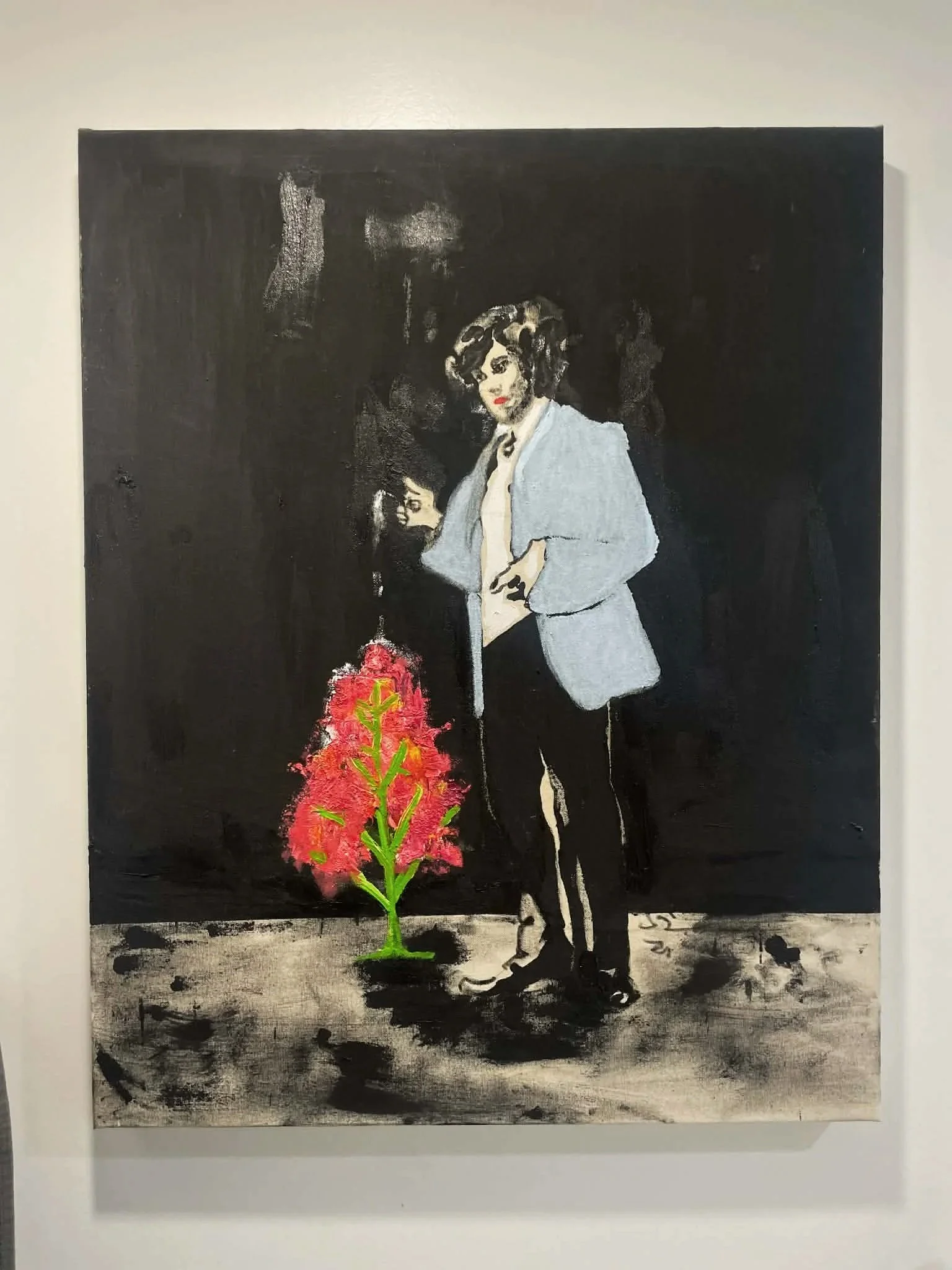 Le veston bleu, finition de l'oeuvre A bad Shitty Day, 30'' x 24'', huile et acrylique sur toile, 2025