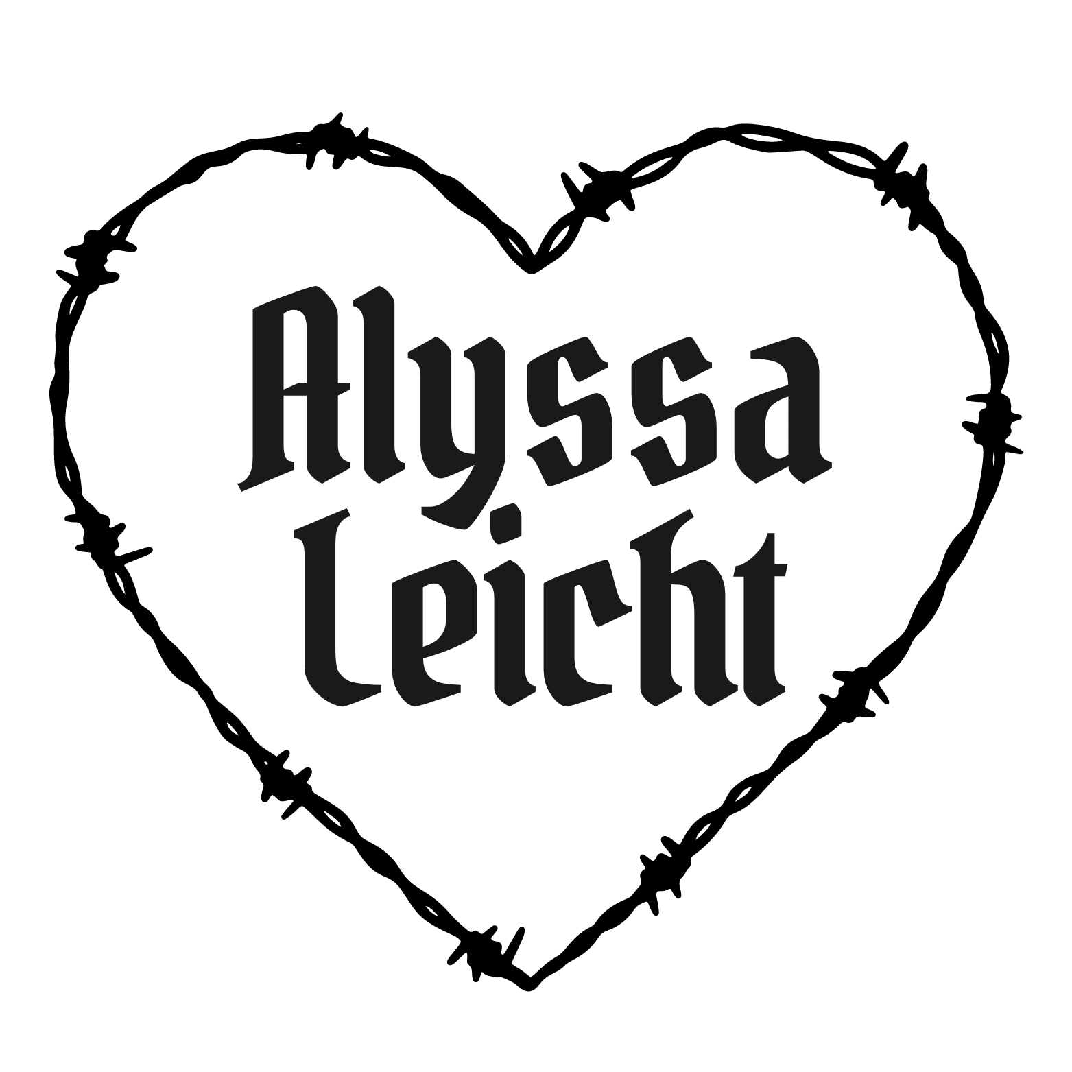 Logo featuring black text reading "Alyssa Leicht" in a stylized gothic font on a transparent background surrounded by a barbed wire heart.