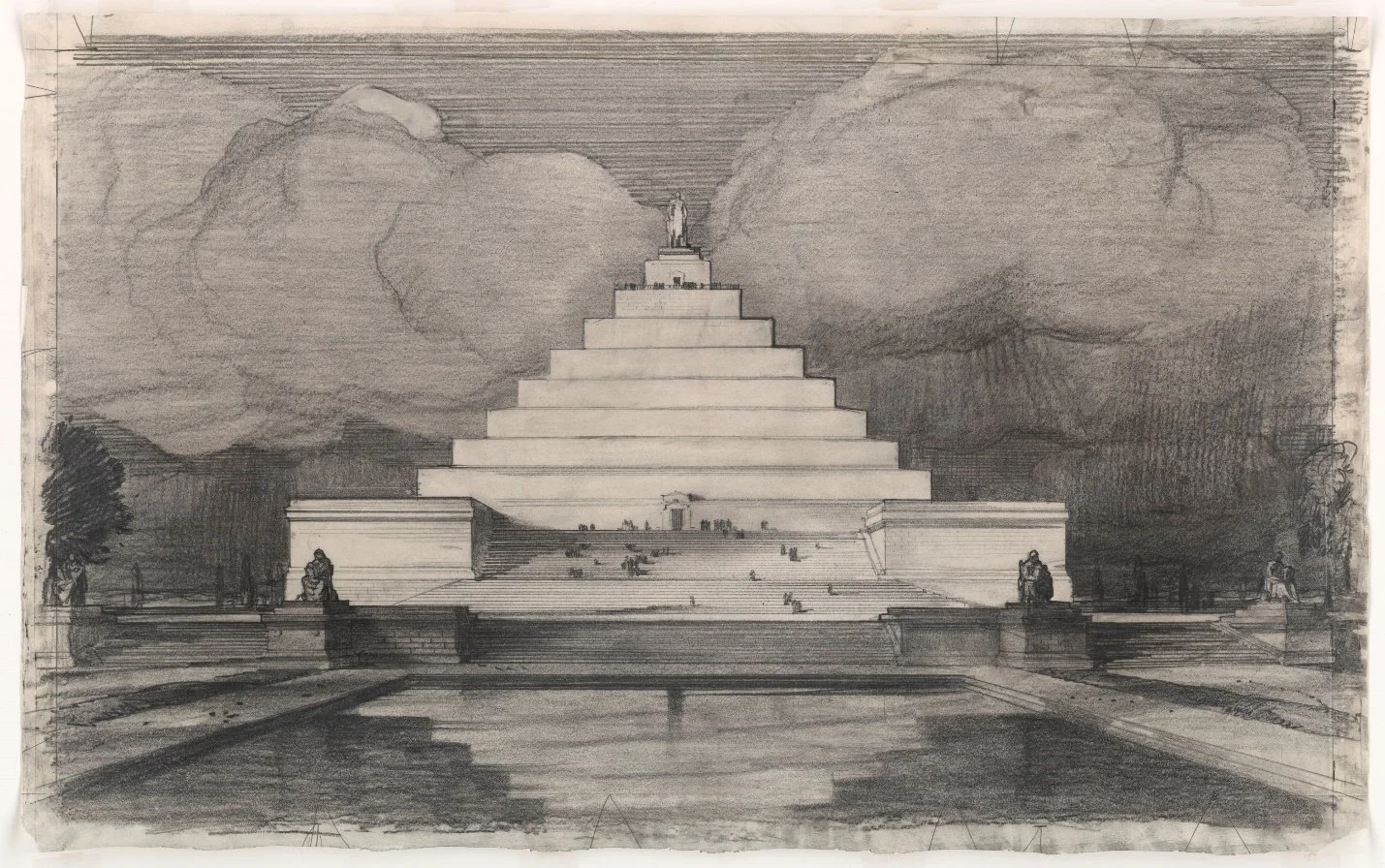 John Russell Pope’s third conceptual design proposed a ziggurat structure, foregrounded by a water feature. (National Archives)