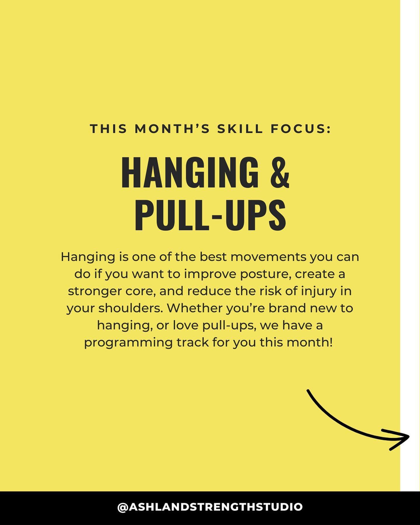 In April, we're focusing on hanging and pull-ups in small group training! Hanging is one of the best movements you can do if you want to improve posture, create a stronger core, and reduce the risk of injury in your shoulders. Whether you&rsquo;re br