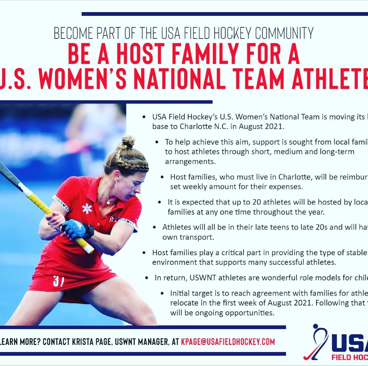 Urgent!  The USA Field Hockey Team are relocating to Charlotte, NC and are looking for families who would be interested and able to be a host for one or more of our players! Please Re-post and share this information with everyone!!