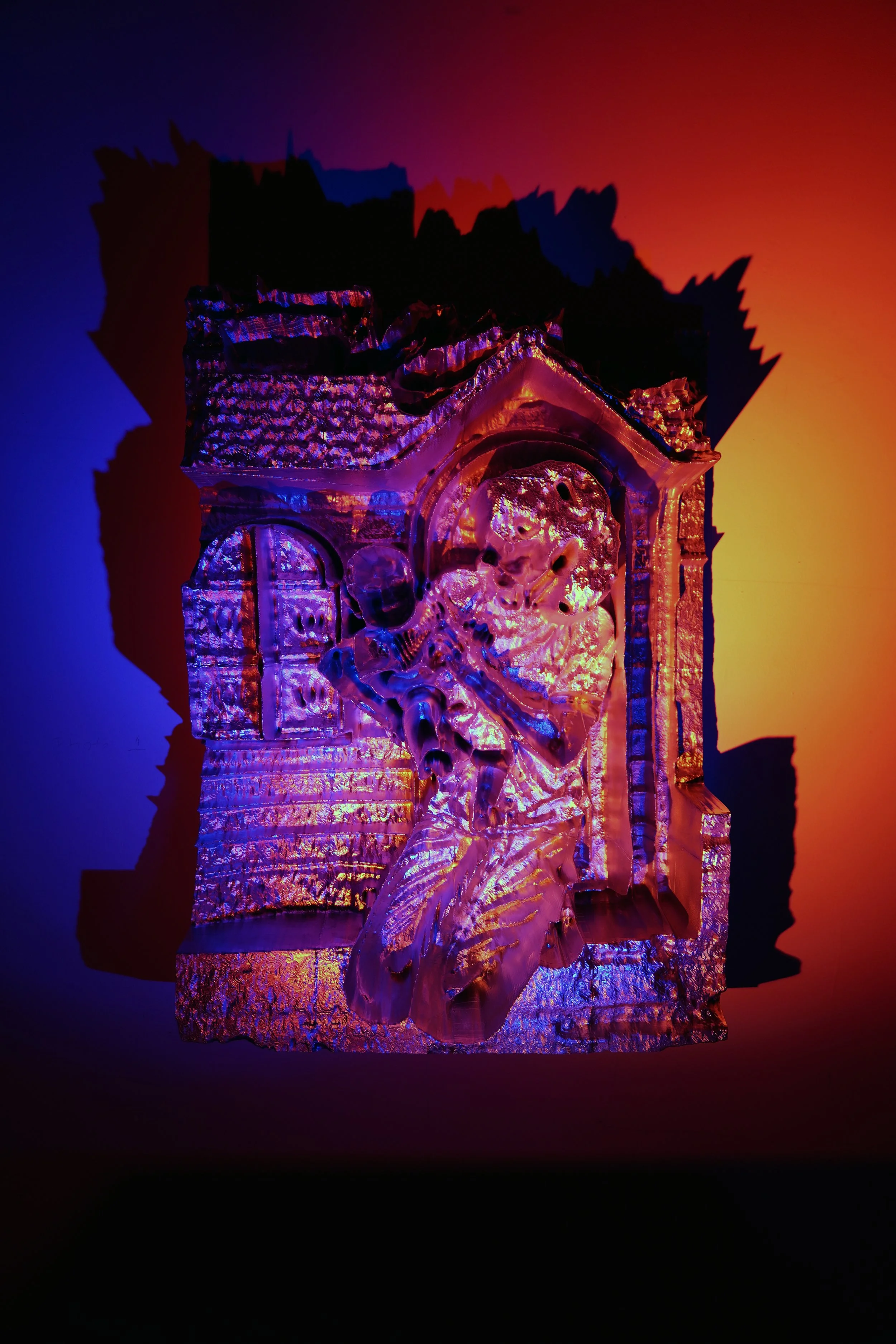   IMG_7598 , 2025-2026 
 Acrylic, 3D print, red and blue light, 36 x 26 x 9.5 inches