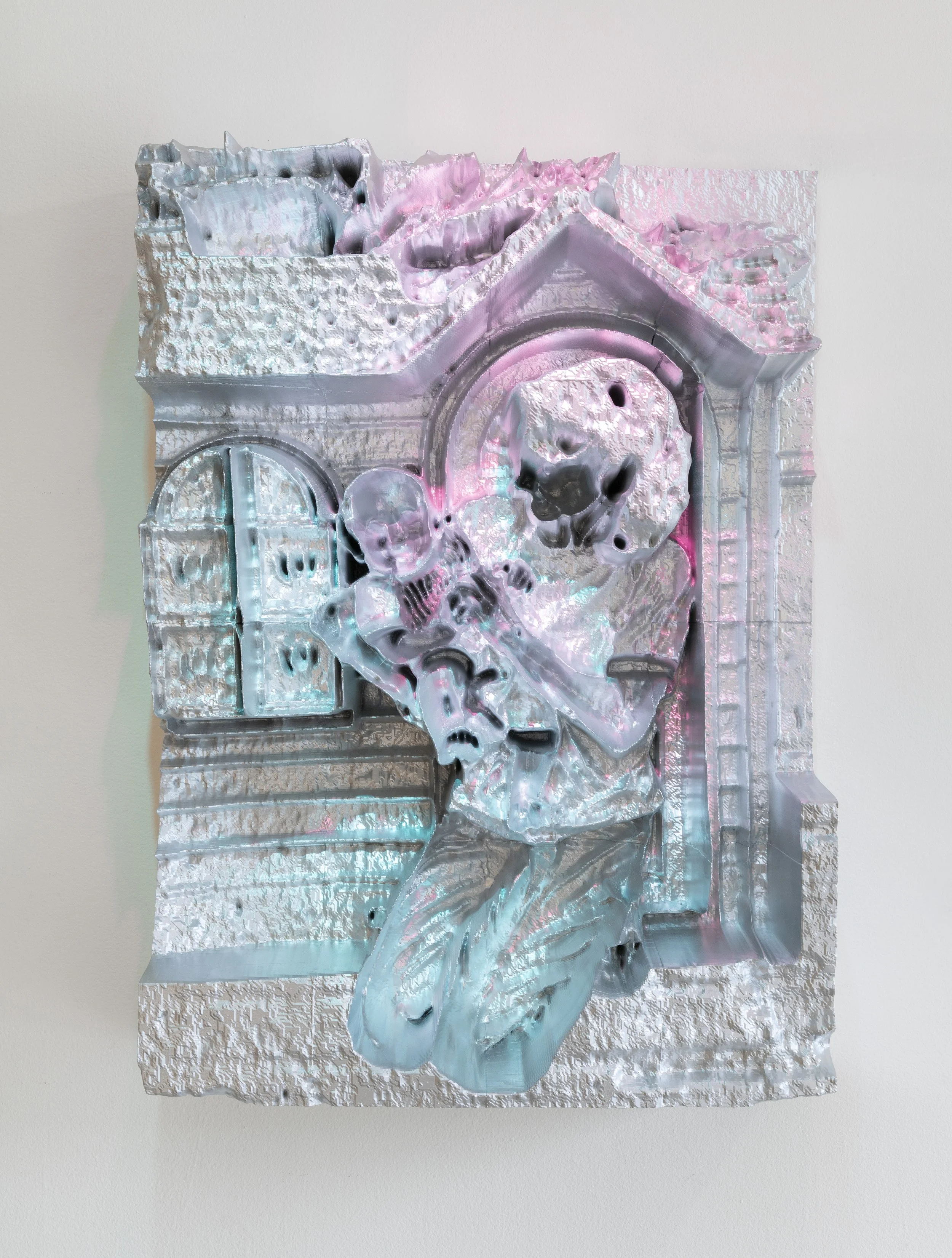   Playhouse , 2025-2026 
 Acrylic on 3D print with pink and blue light, 36 x 26 x 9.5 inches