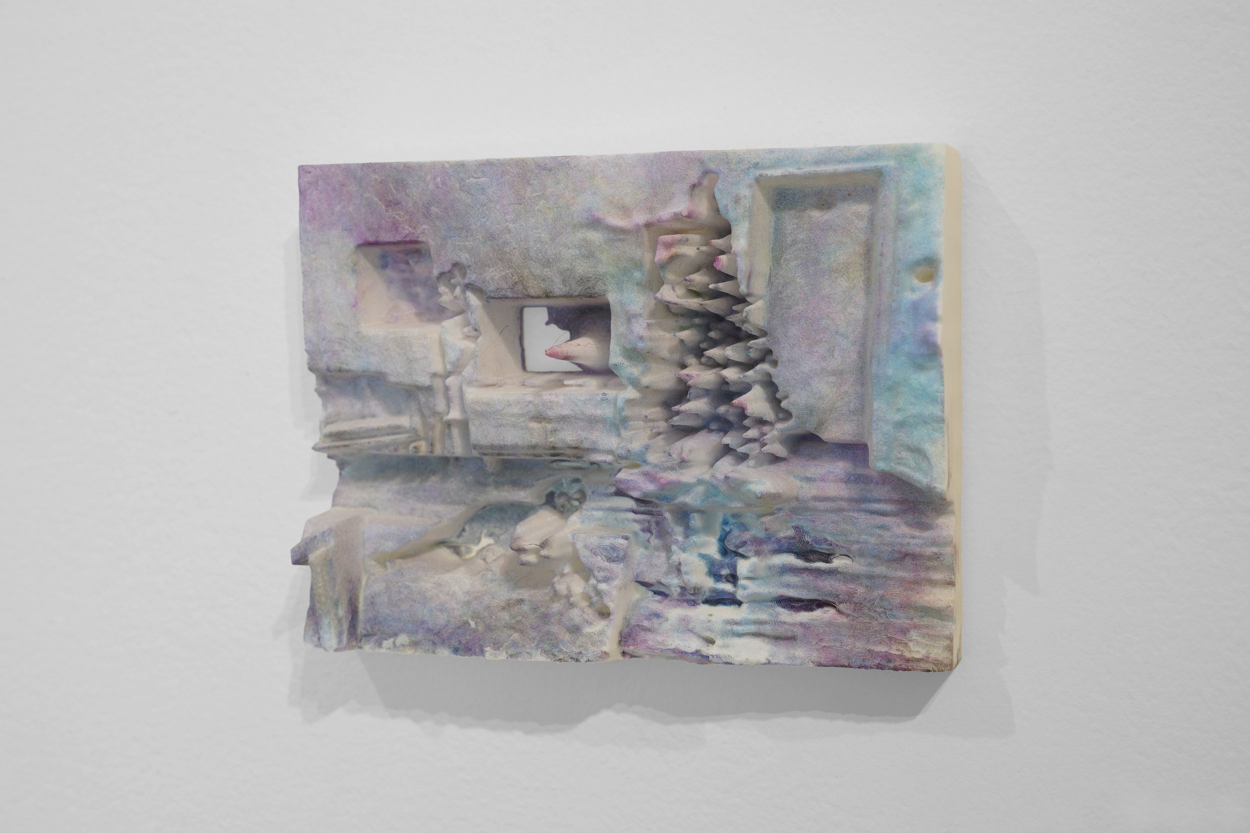   Living Room (Dog, TV, and Christmas Tree) , 2025  
 UV printed photograph on 3D print, 4.75 x 6 x 1.25 inches