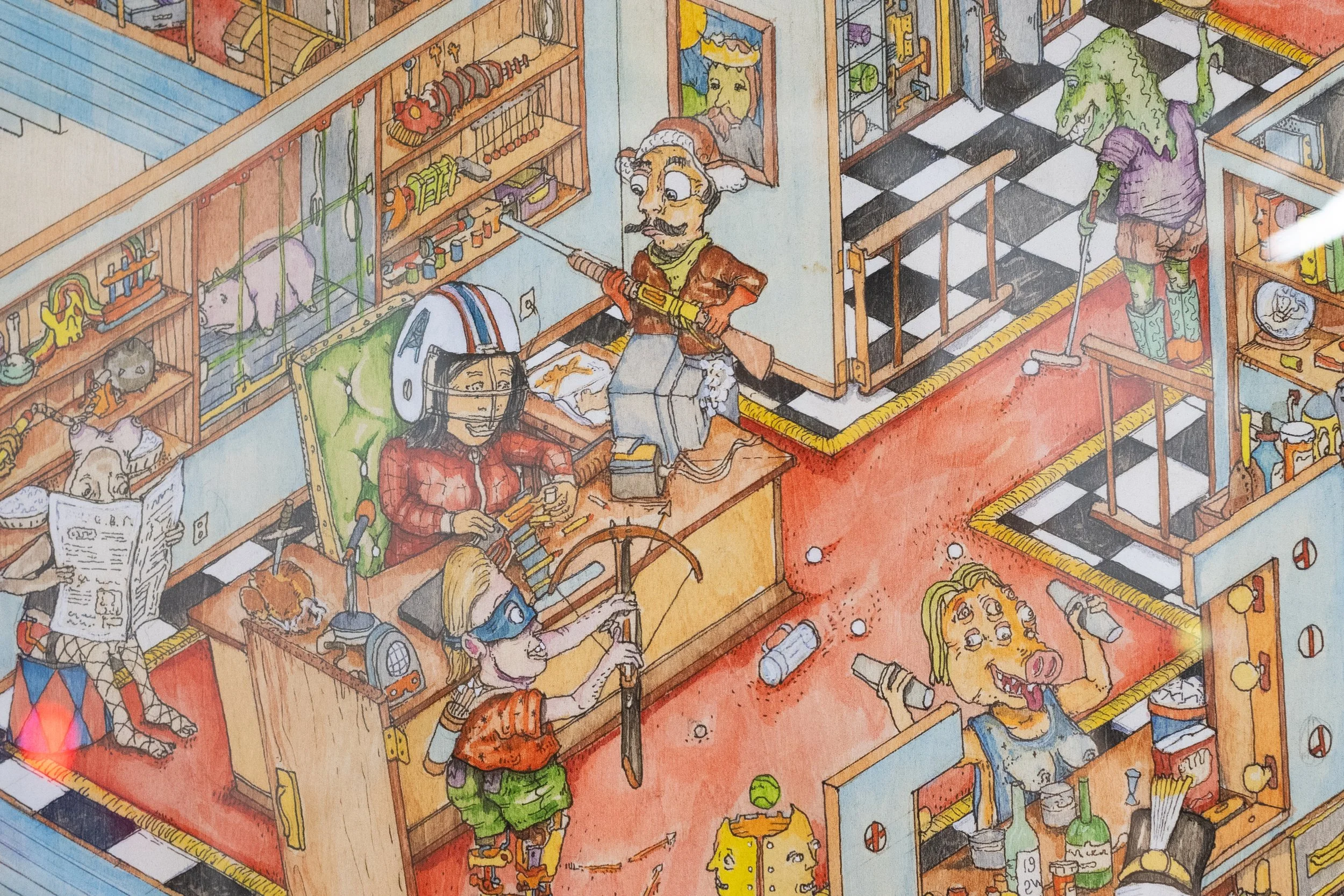 Charles Ben Russell  The Heist  detail, 2022. Ink, watercolor, birch panel, paper.