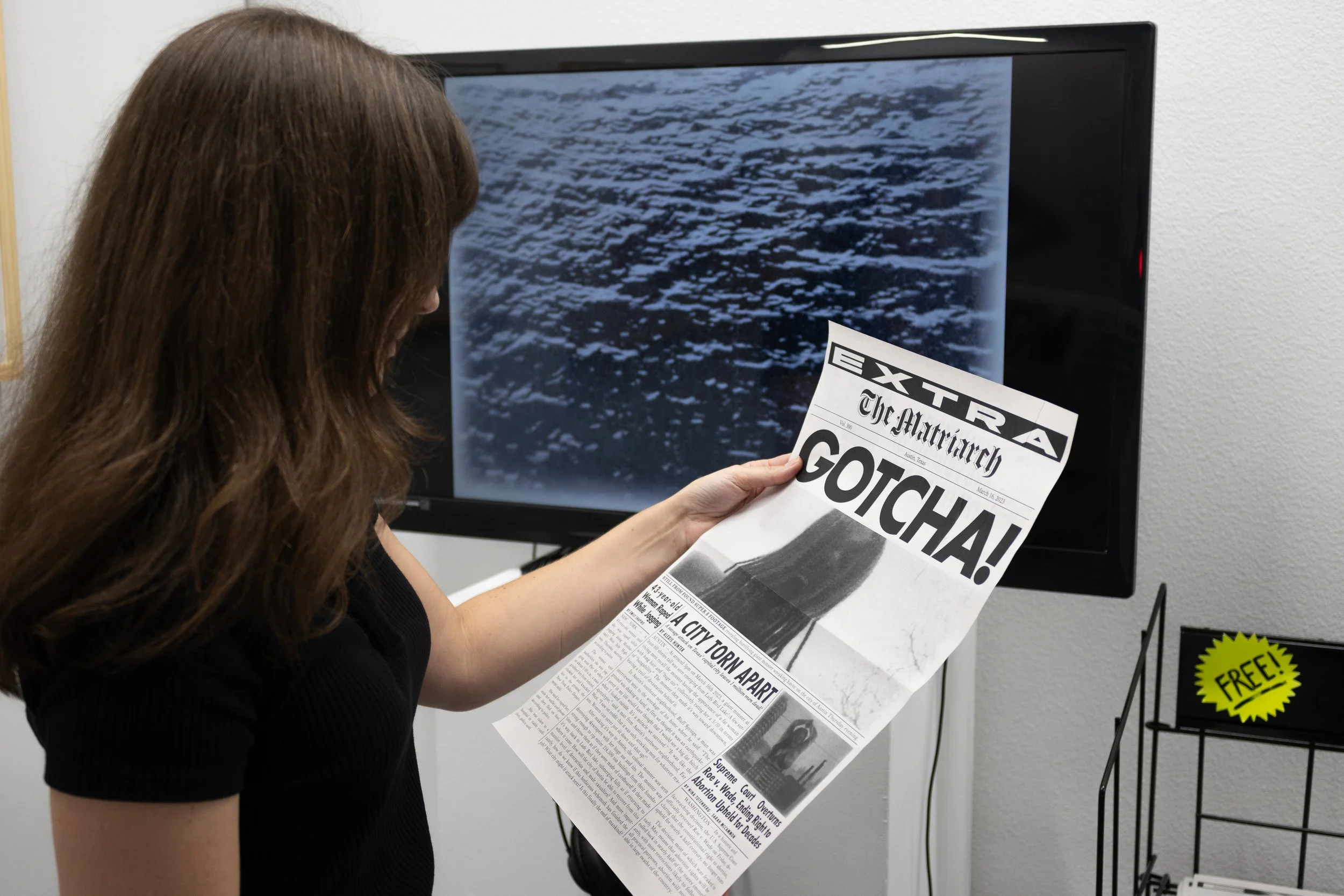 Alexis Hunter  Attack of the 300 lb Woman! , 2023. Analog Super 8 film.  GOTCHA! , 2023. Ink on newsprint.