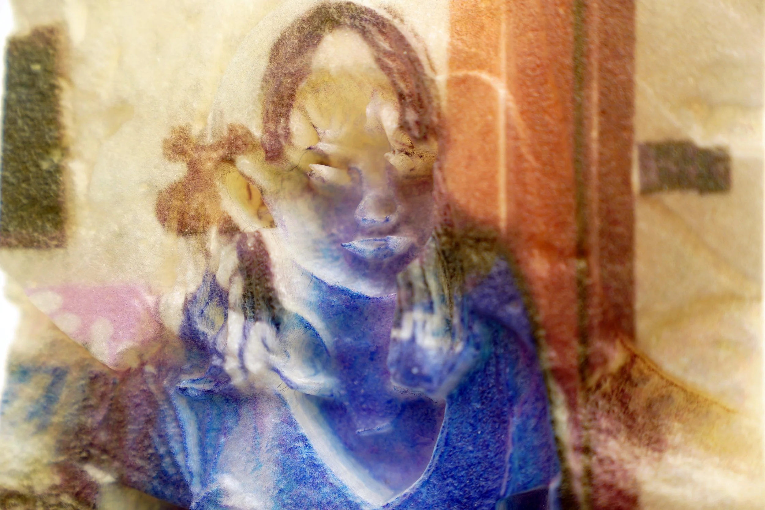   IMG_2039 (Mother Daughter Mismatch 2) , 2025 
 Mismatched UV printed photographs on 3D prints, 9.5 x 7 x 1.5 inches each