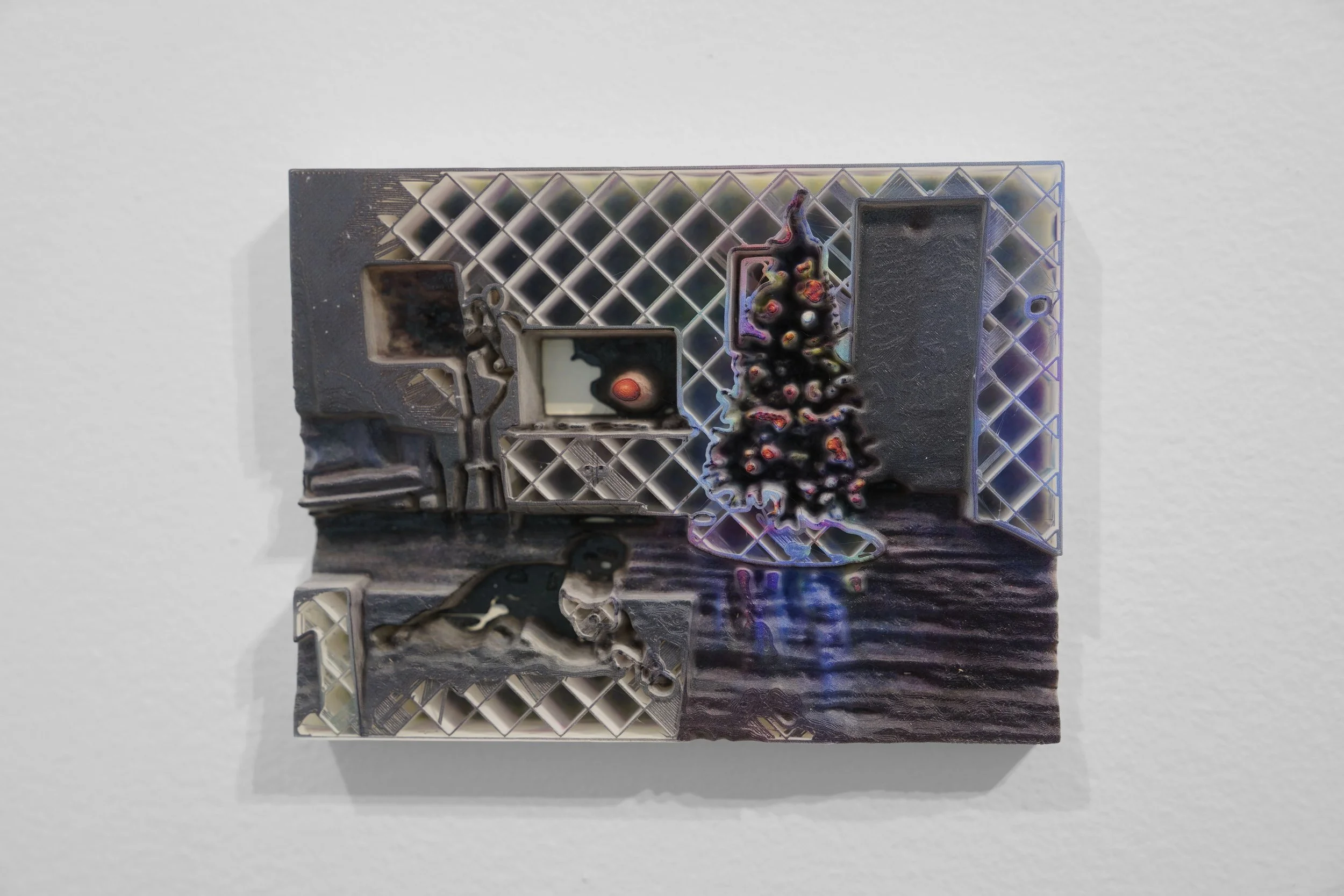  Unfinished Living Room (Dog, TV, and Christmas Tree) , 2025  
 UV printed photograph on failed 3D print, 4.75 x 6 x 1.25 inches
