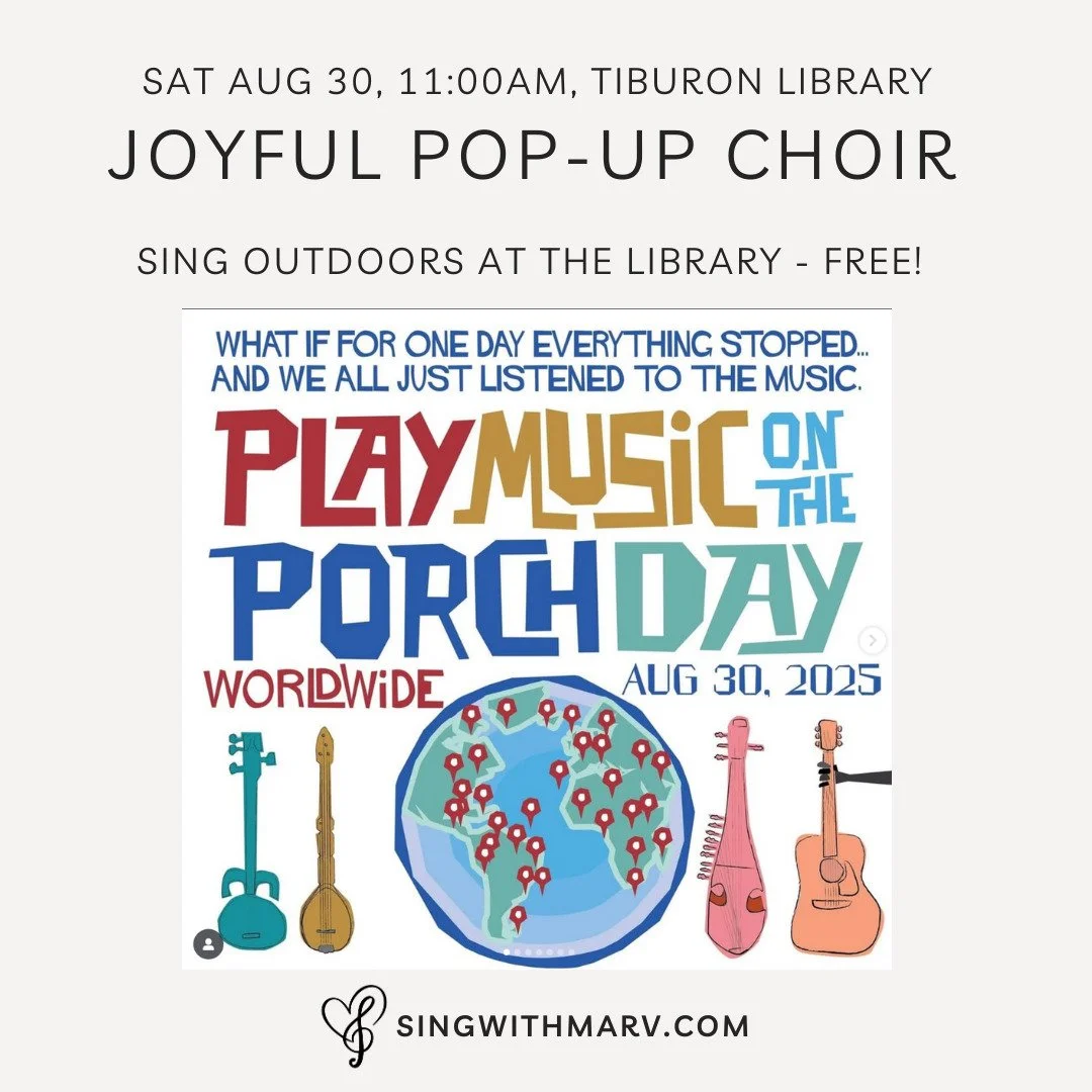 Come sing in our free pop-up choir -- it's kinda like a musical flashmob! -- at the @beltiblibrary in Tiburon as part of worldwide @playmusicontheporch Day this Saturday, 8/30, 11:00-12:00! FREE!
No singing experience needed, no music to read, all s
