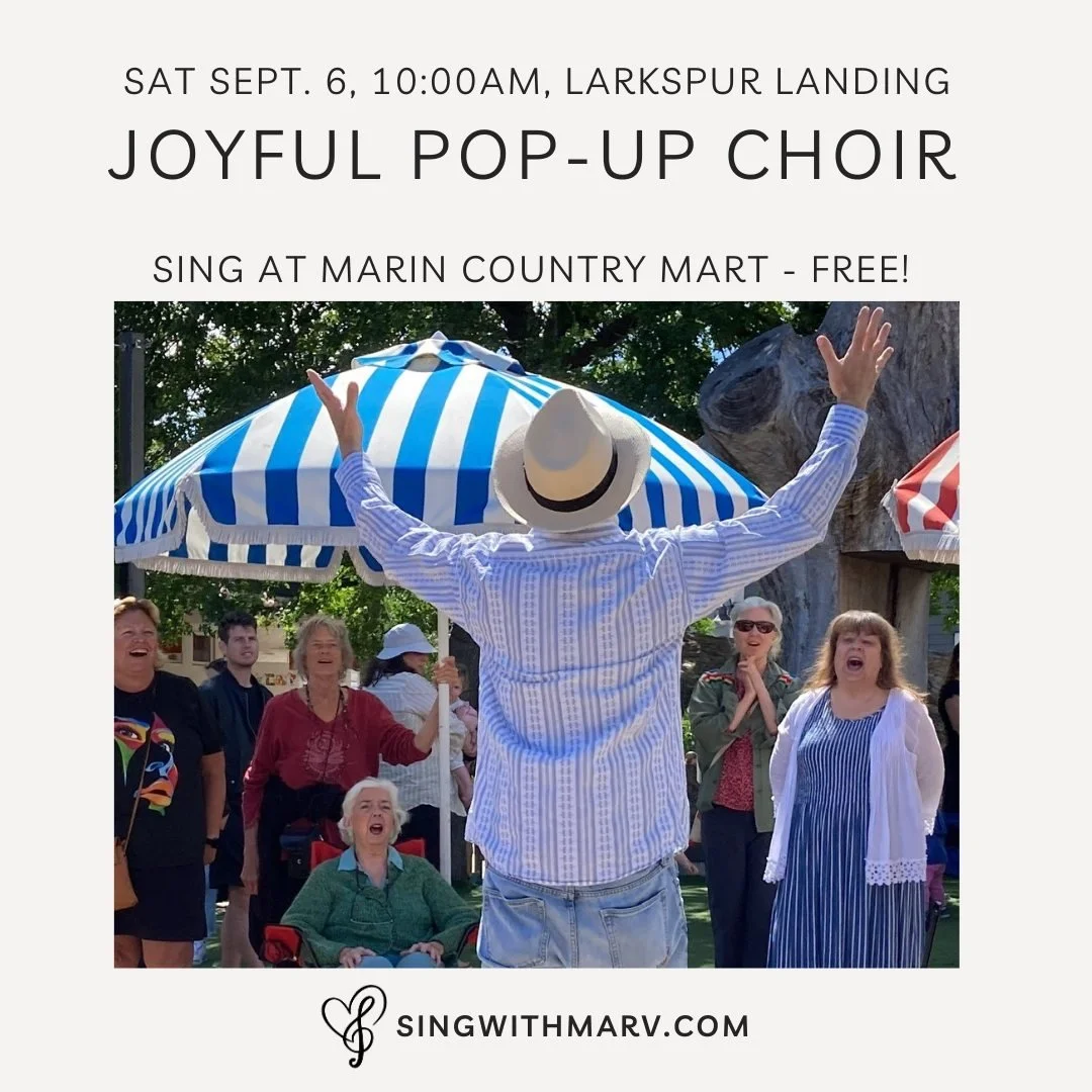 SATURDAY! FREE! Come sing in our free pop-up choir -- it's kinda like a musical flashmob! -- in the inner courtyard at @marincountrymart (Larkspur Landing) during their terrific @larkspurfarmersmarket this Saturday, 9/6, 10:00-11:00am! Free! Come for