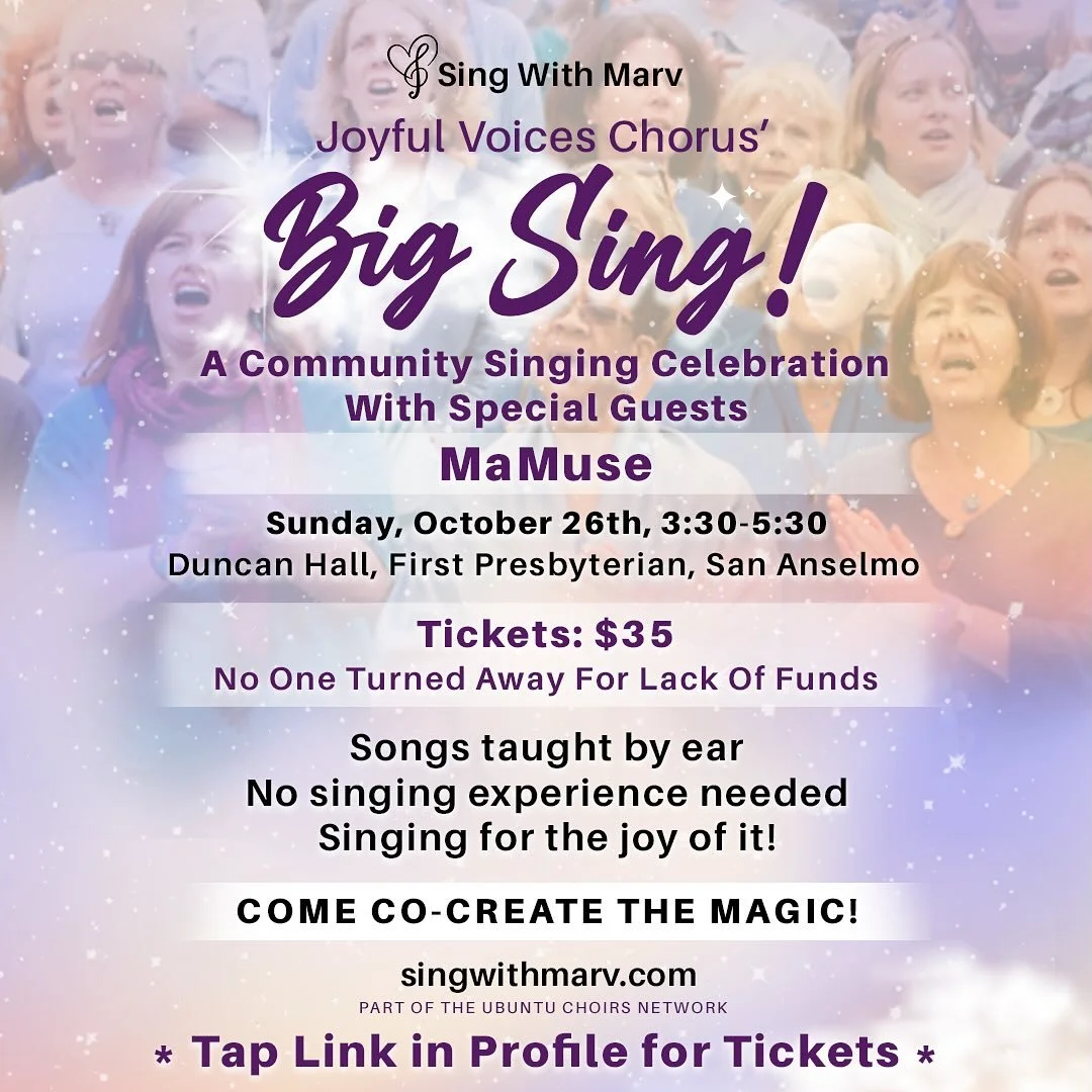 LOW TICKET ALERT! Come sing with the wondrous women of @mamusemusic and the Joyful Voices Chorus in Marin Sunday 10/26! For tix, tap here -&gt; @singwithmarv then tap link in bio. #communitysinging