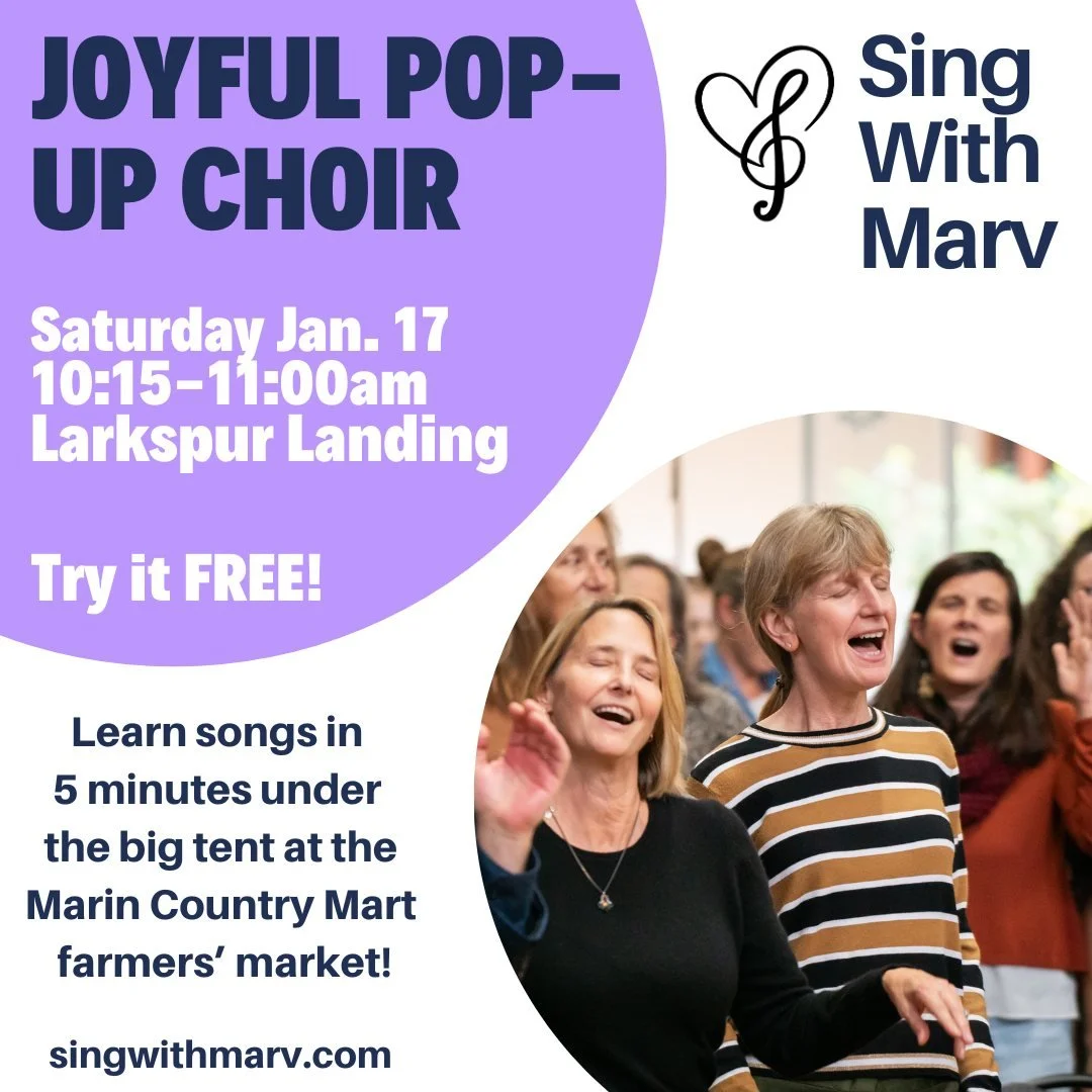 COME SING OUTDOORS SATURDAY! FREE! With a bunch of warm and wonderful people, and no singing or music-reading experience needed! Easy-to-learn songs of hope, resilience, belonging, and joy, under the big tent at the @marincountrymart  @larkspurfarmer