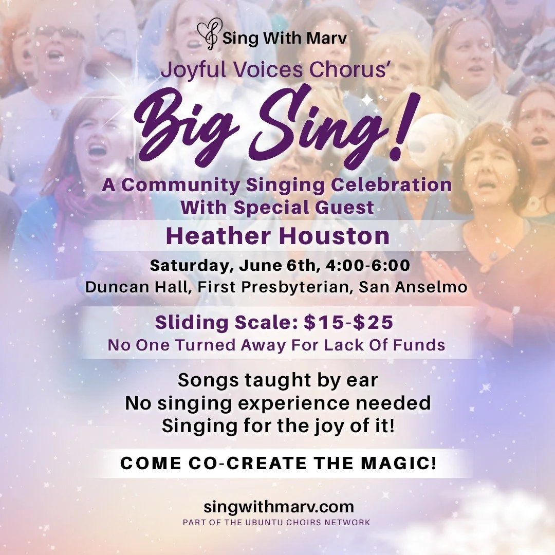 COME SING SATURDAY IN MARIN! A rare visit by the amazing @heatherhoustonmusic, joining the Joyful Voices Chorus community choir for easy-to-learn songs of hope, resilience, belonging, and joy, all sourced from the modern community singing movement. W