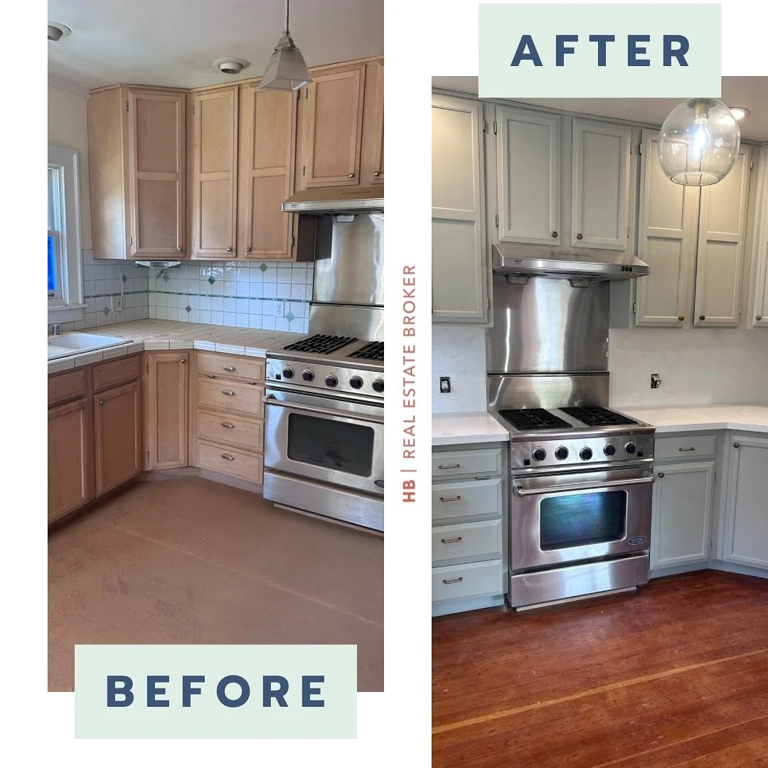 Before and after.  This kitchen was updated with quartz countertops new knobs and pulls, light fixtures,, and a fresh coat of era compatible paint. We had lots of compliments throughout the open house!