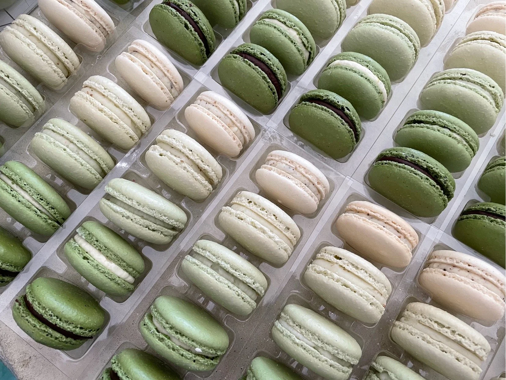 Assorted macarons in green, white, and cream colors arranged in rows in a plastic tray.
