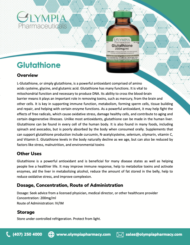 Olympia Pharmaceuticals Glutathione informational flyer detailing its antioxidant properties, benefits, uses, dosage, and storage instructions. Displays a bottle of glutathione 200mg/ml.