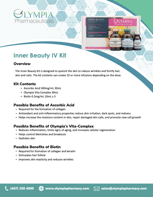 Promotional flyer for Olympia Pharmaceuticals' Inner Beauty IV Kit, highlighting benefits and contents like ascorbic acid, Vita-Complex, and biotin. Describes advantages such as skin hydration, collagen formation, and wrinkle reduction. Contact infor