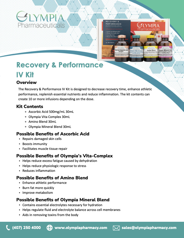 Promotional flyer for Olympia Pharmaceuticals' Recovery & Performance IV Kit detailing its contents and benefits, including ascorbic acid, vita-complex, amino blend, and mineral blend.