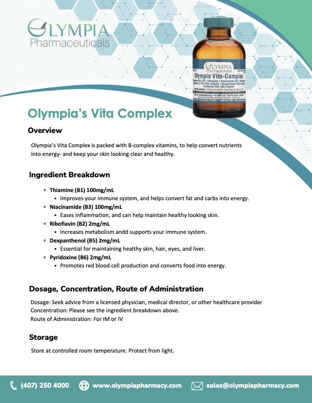 Flyer for Olympia Pharmaceuticals Vita Complex featuring a bottle image and details about ingredients, dosage, and storage information. Ingredients include Thiamine, Niacinamide, Riboflavin, Dexpanthenol, and Pyridoxine. Contact information provided