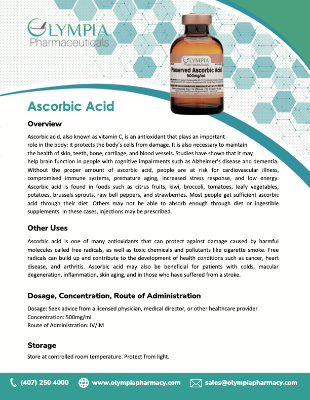 Informational brochure for Olympia Pharmaceuticals featuring preserved ascorbic acid. Includes details on ascorbic acid benefits, uses, dosage instructions, and storage guidelines. Contact information provided.