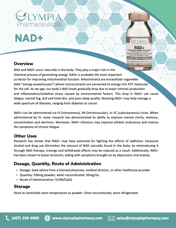 NAD+ informational brochure from Olympia Pharmaceuticals detailing benefits, administration routes of NAD+ for energy and health. Includes contact information.