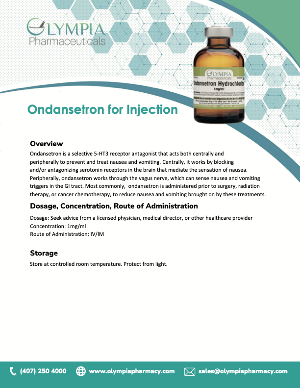 Flyer for Ondansetron injection by Olympia Pharmaceuticals, including overview, dosage, and storage information. Contact details at the bottom.