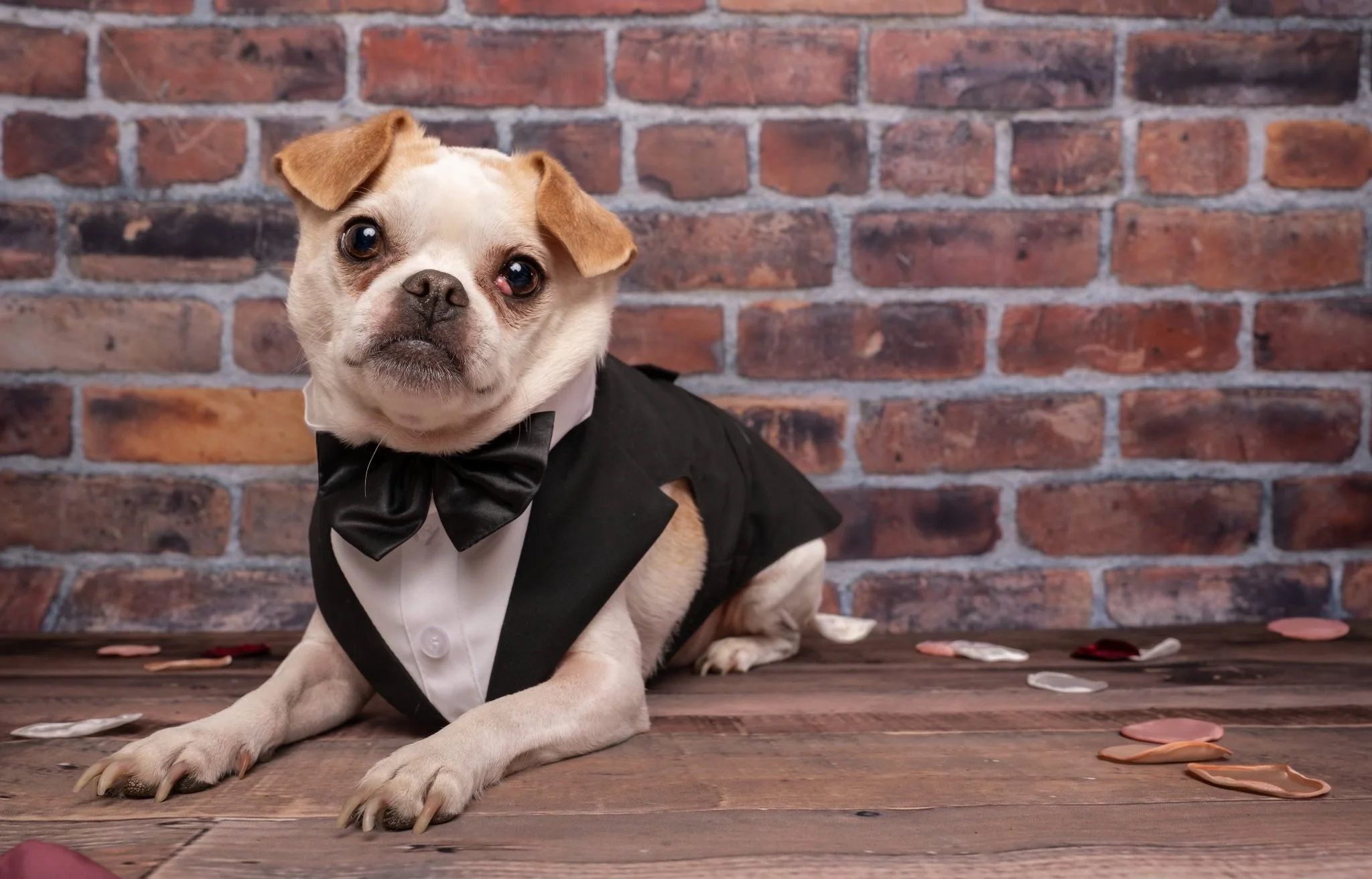 Dog dressed in a tuxedo with a bowtie, lying on a wooden floor with scattered rose petals, against a brick wall background.