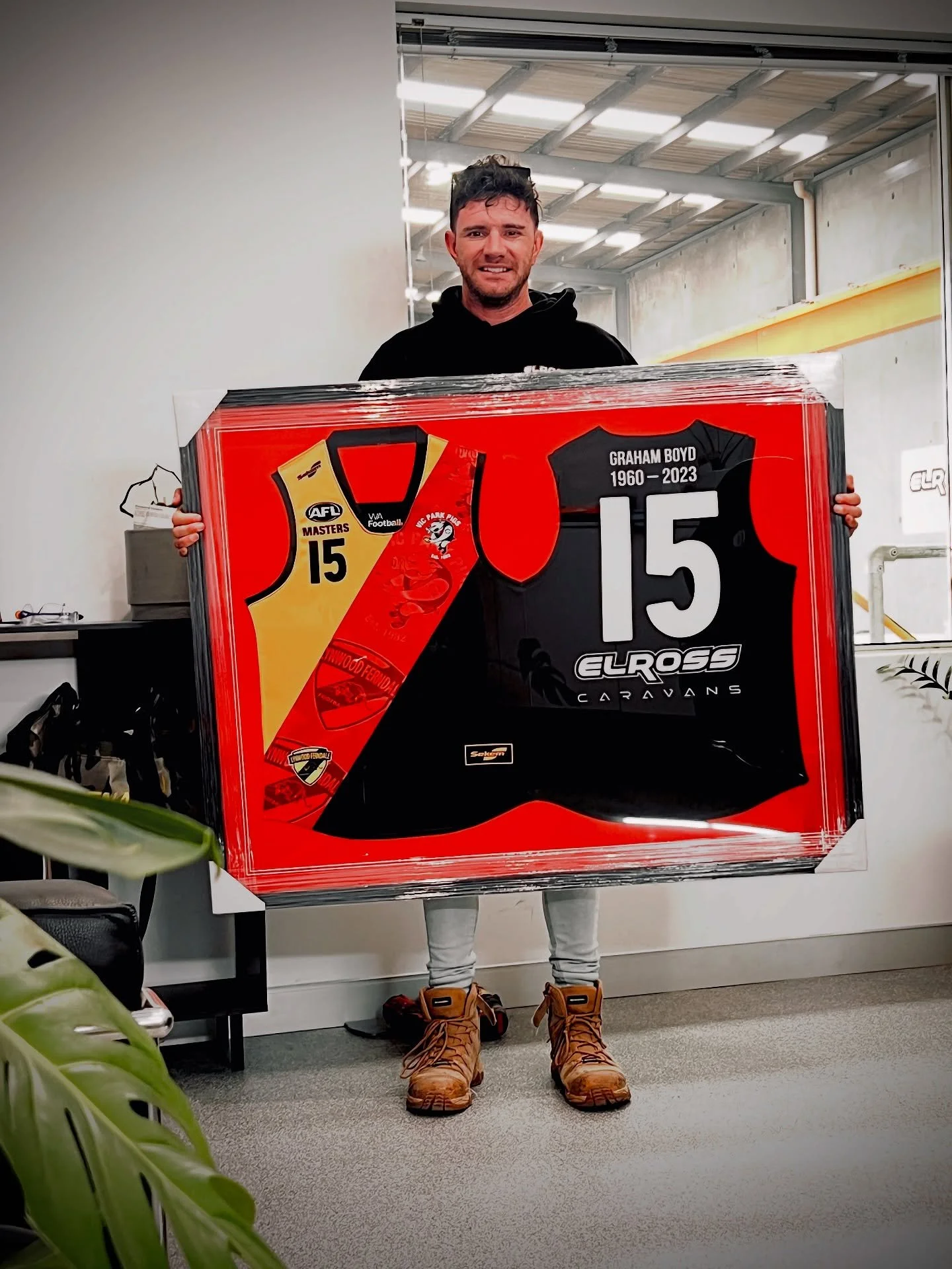 Super cool memorabilia to whack up in the office Supporting the Vicpark pigs in this years Masters AFL league for the special Graham Boyd Memorial jumper. #poolroom #afl #jumper #community #support #sports #elross #caravans