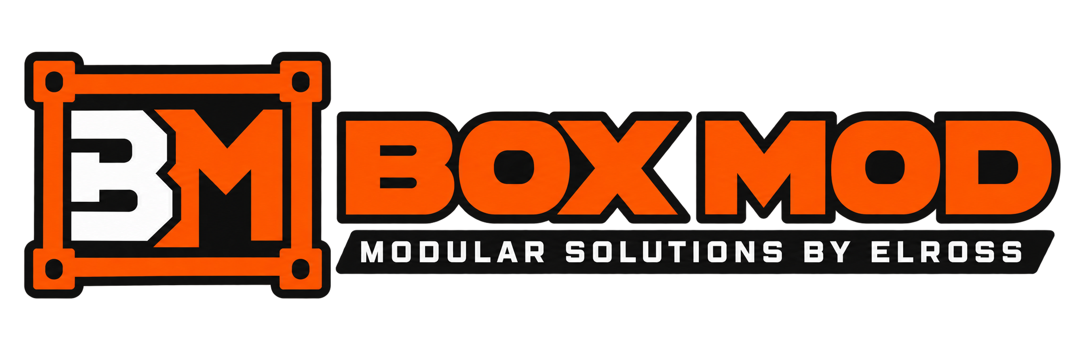 Logo of BOXMOD, a modular solutions company of Elross Caravans, featuring a stylized box with the letter B and modular icons in orange and white.