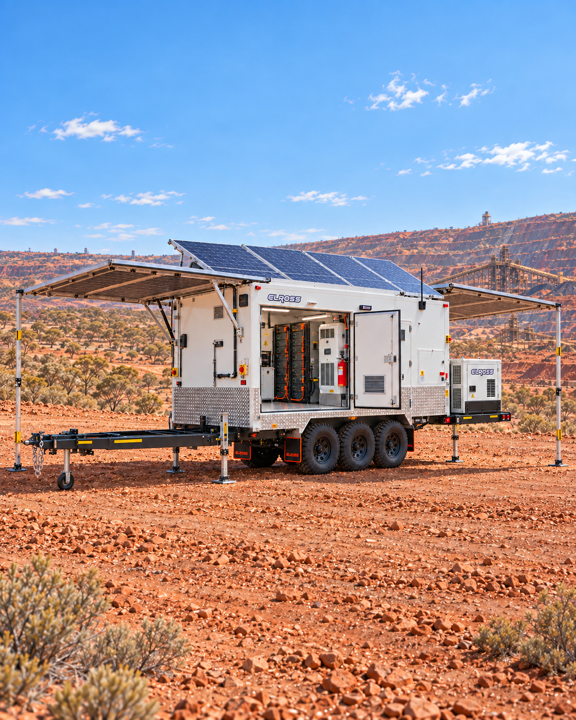Mobile solar power station in desert with solar panels on roof, open sides, and electrical equipment inside. Red rocks and distant bridges in background.