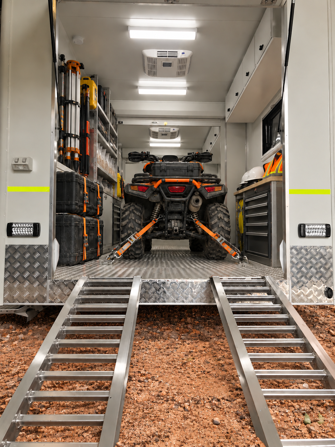 Inside a Elross Work hauler vehicle, a black ATV is secured with orange straps, surrounded by equipment including helmets, tools, and storage boxes.
