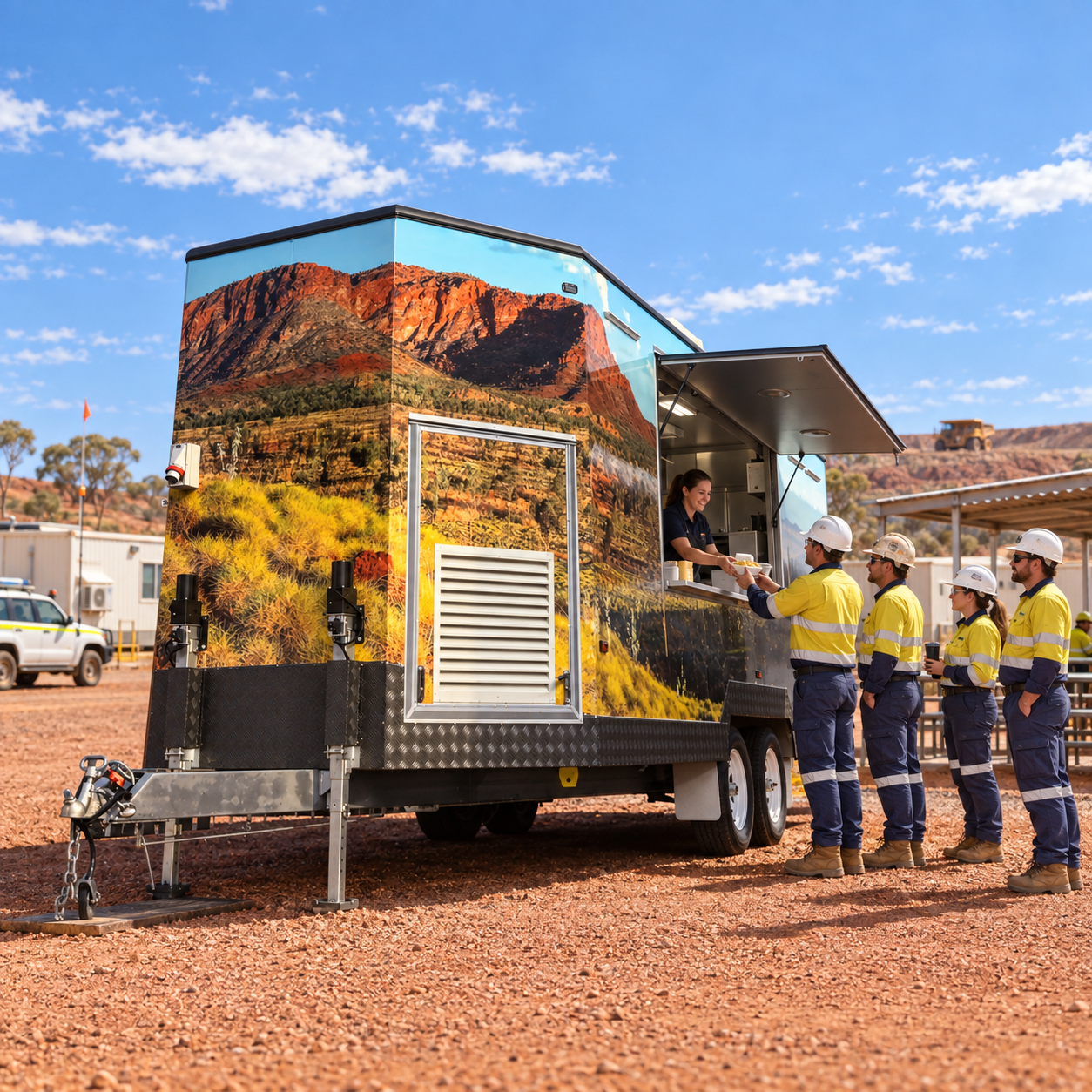 Construction workers in yellow safety gear line up to receive food from a mobile food truck with desert landscape artwork, under a blue sky.