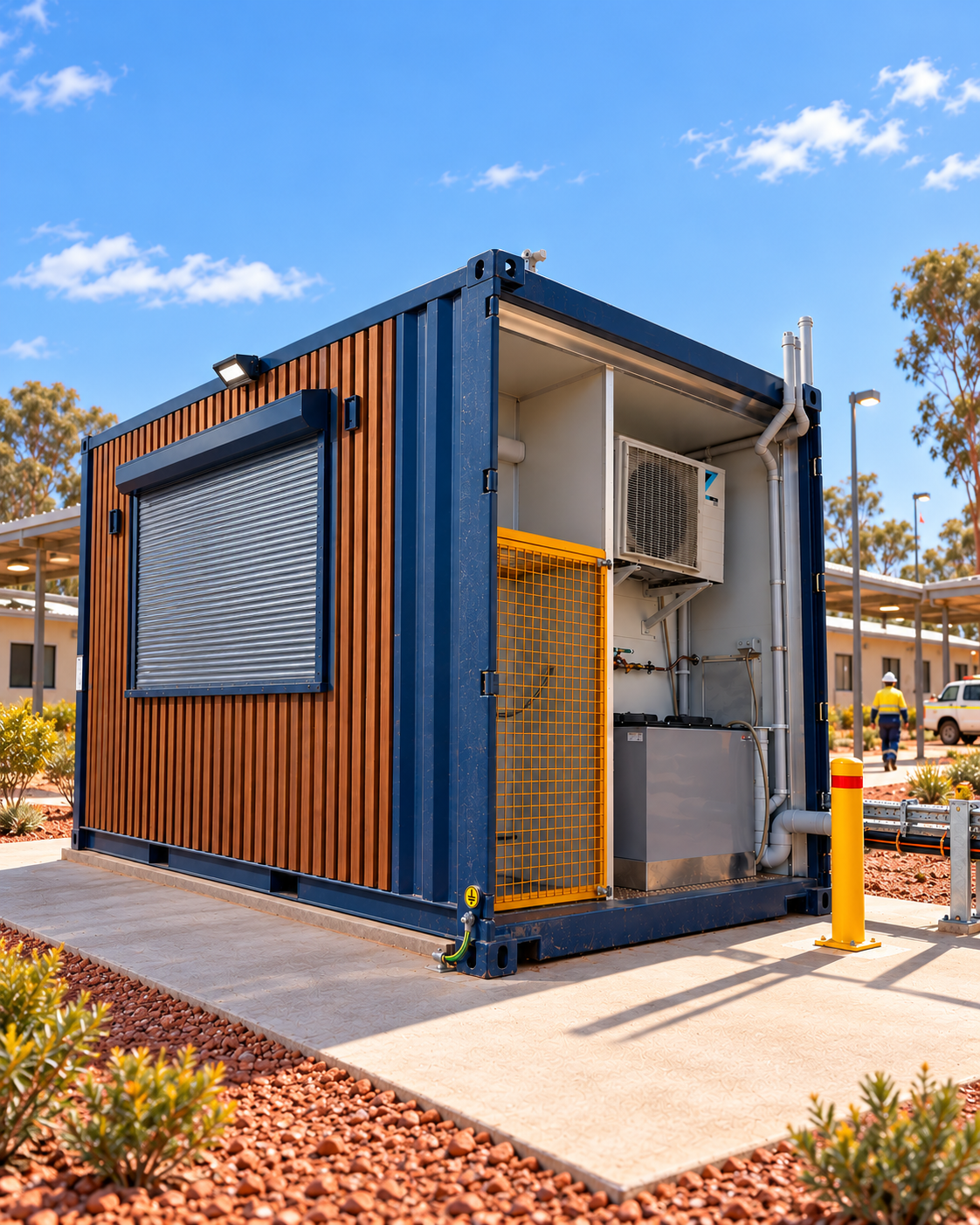 A portable modular building with a open side revealing an air conditioning unit and utility pipes, set on a concrete pad in an outdoor area with clear blue sky and some trees in the background.