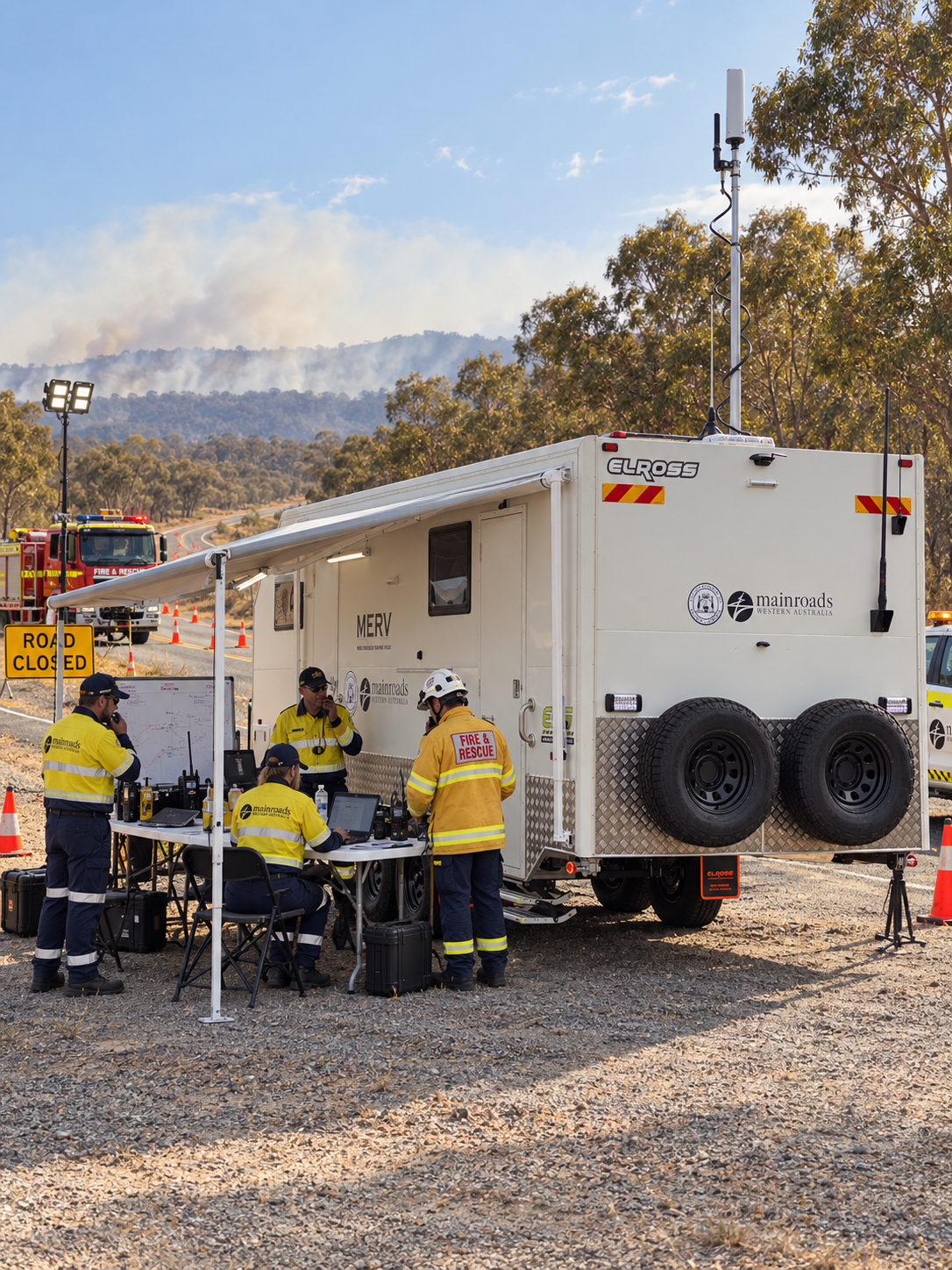 Emergency response team working at a wildfire incident, with fire trucks and communication equipment, in a rural area with smoke coming from distant hills.