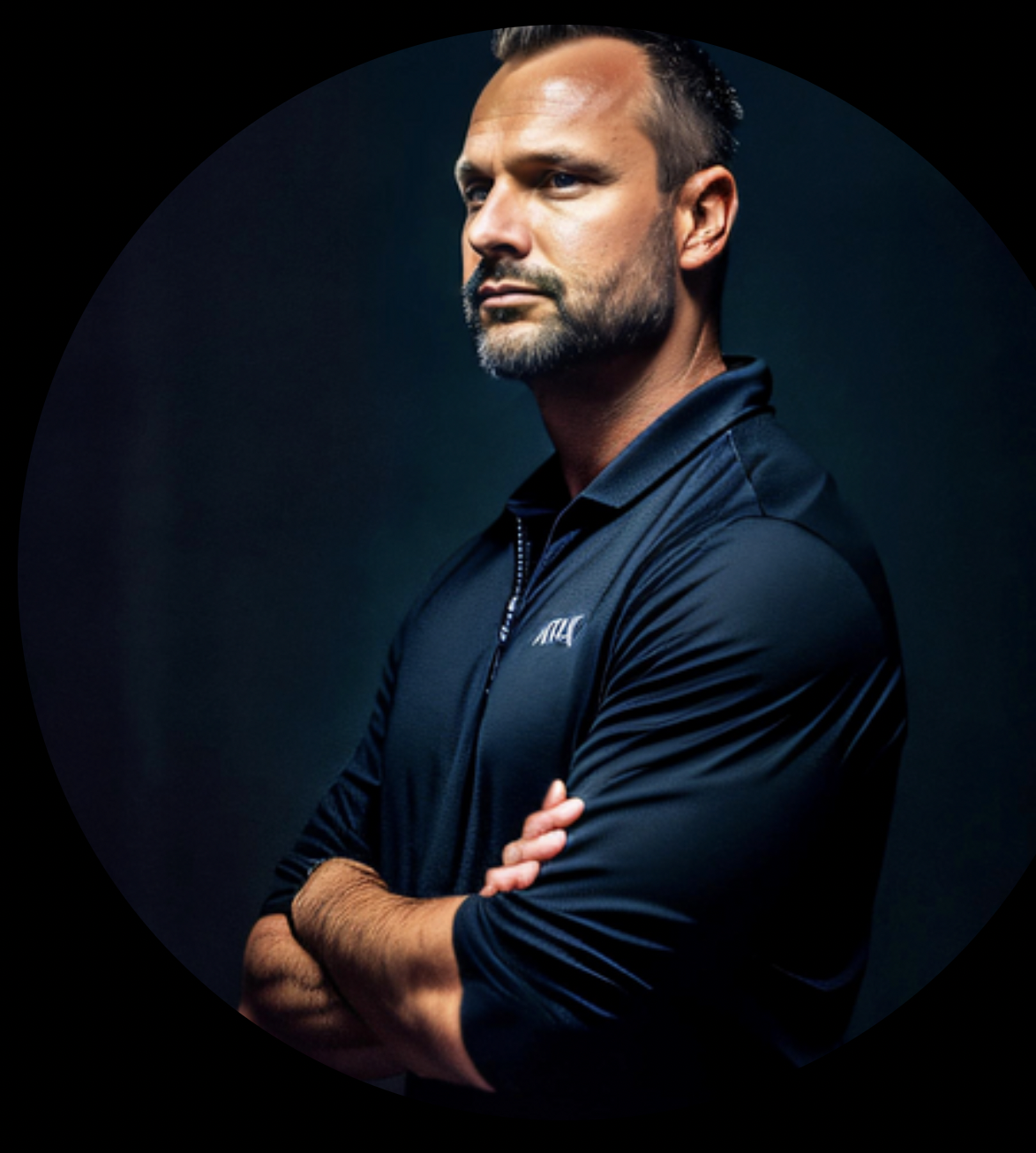 Man with crossed arms wearing a dark zip-up athletic shirt against a dark background.