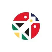 Geometric bird illustration in a circle with red, green, black, yellow, and blue segments.