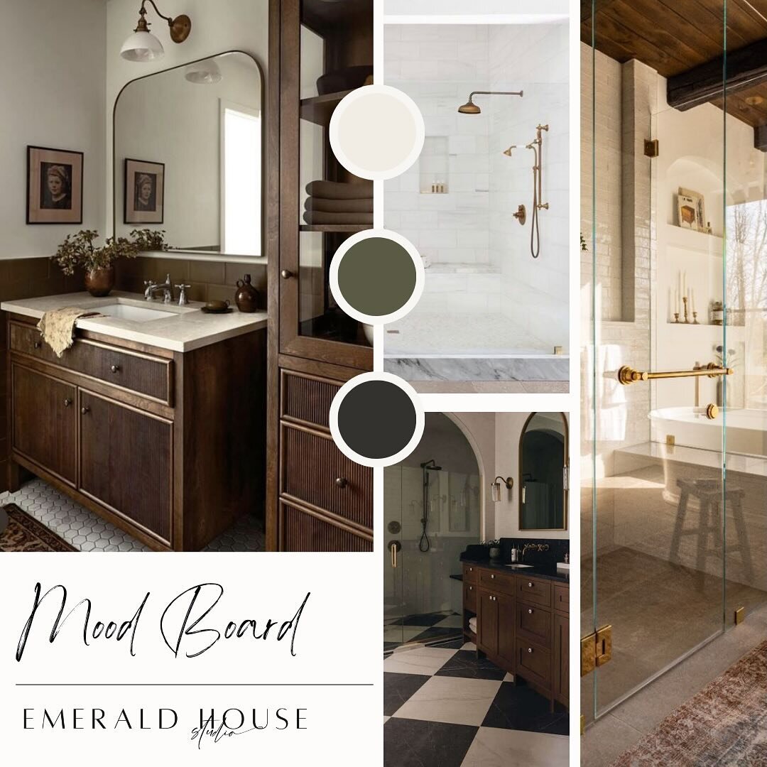 Two mood boards for an upcoming custom primary bath renovation&hellip; Option 1 is a bit warmer and moody with wood tones and brass/gold metal accents, and would likely bring in some fun pops of color in wall coverings!🪞 Option 2 is a bit more class