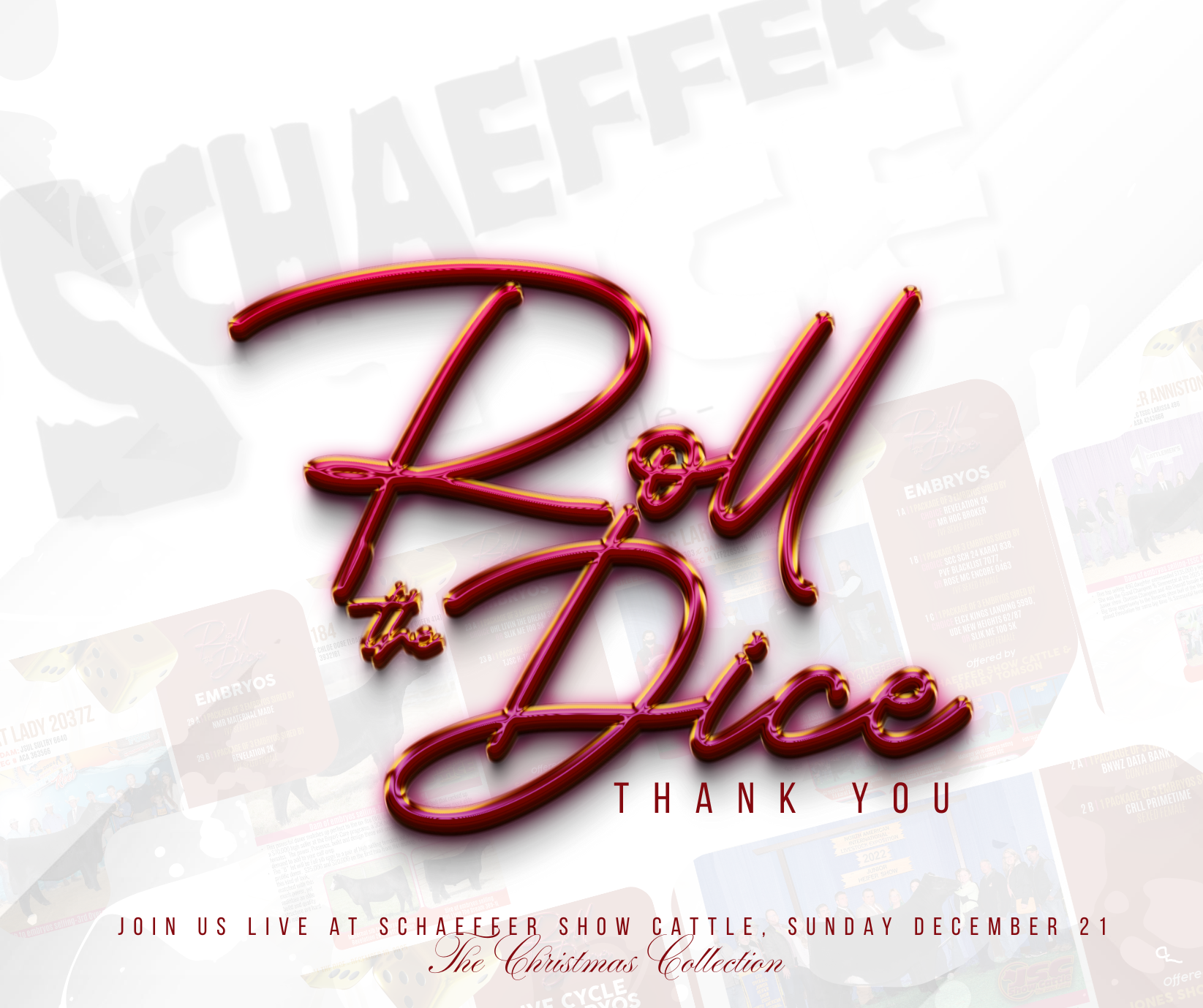 A digital thank you message with neon-style text that says 'R&L the Ride' and 'Thank You,' with details about a live event at Schafer Show Cattle on December 21, part of The Christmas Collection.