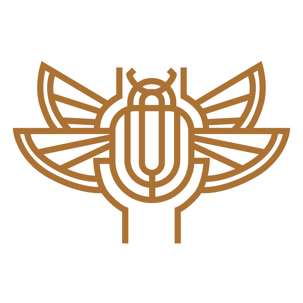 A stylized, geometric illustration of a bee with wings spread, drawn in brown lines on a black background.